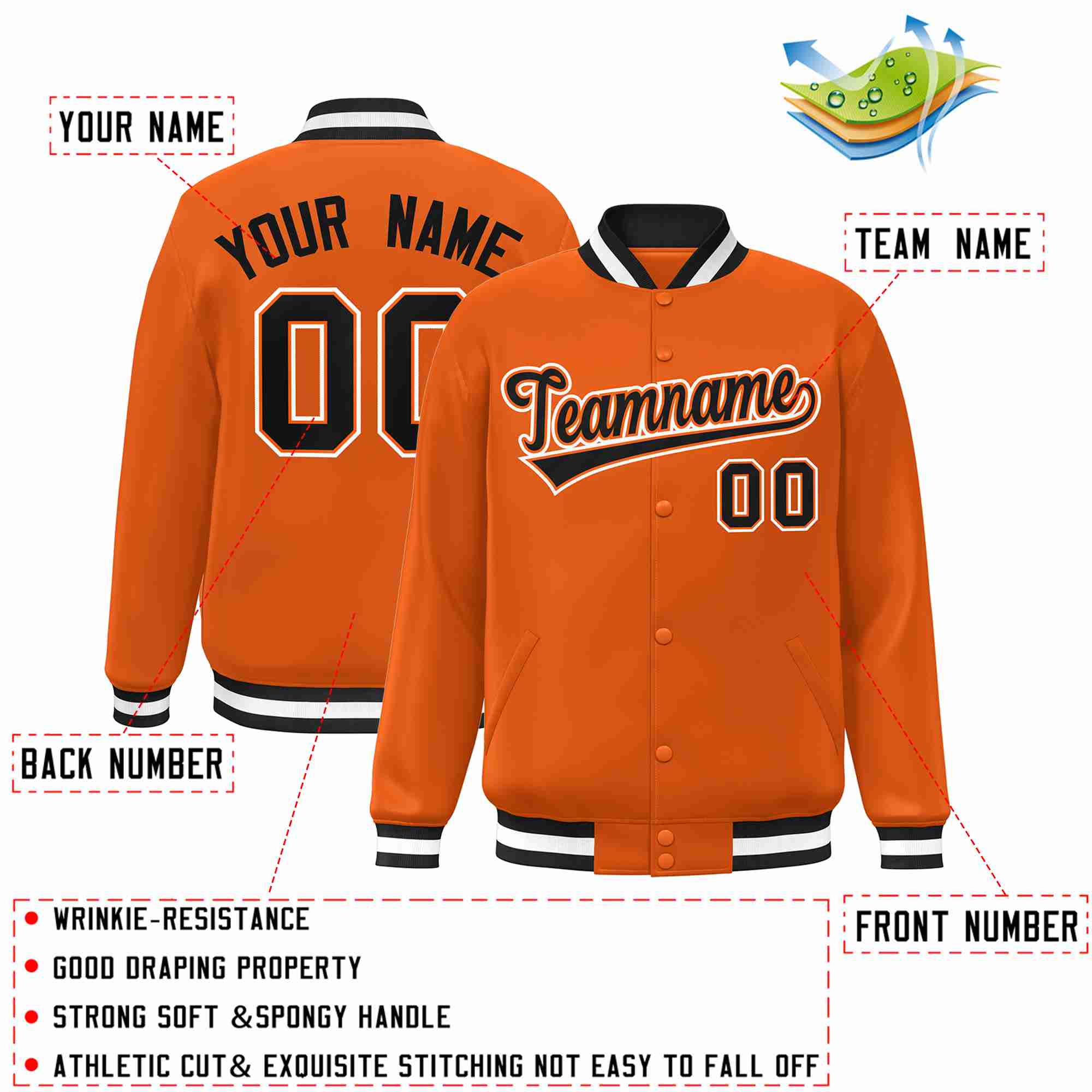 Custom Orange Black-Orange Classic Style Varsity Full-Snap Letterman Jacket