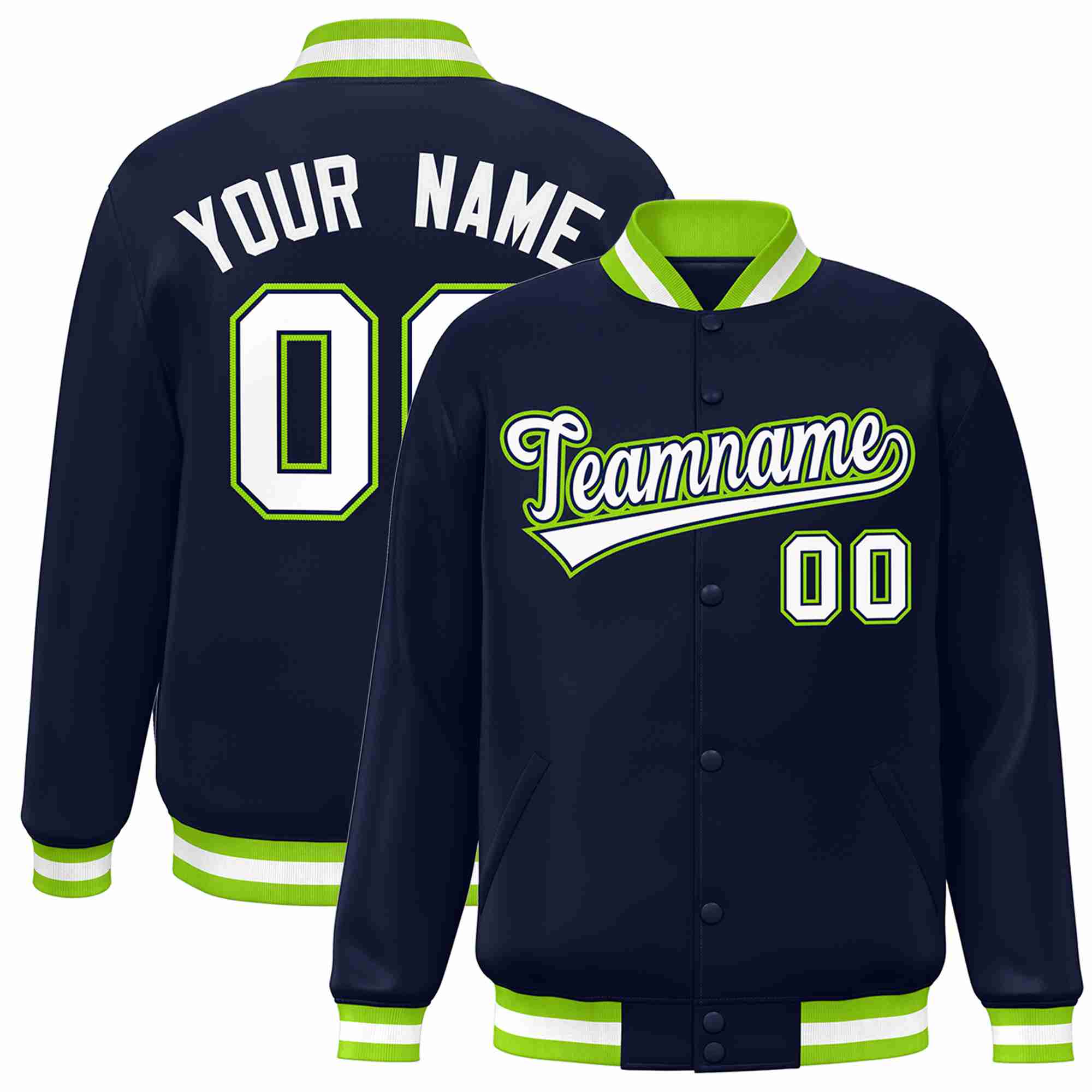 Custom Navy White-Navy Classic Style Varsity Full-Snap Letterman Jacket