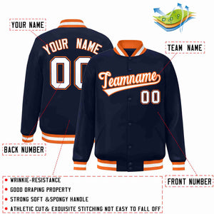 Custom Navy White-Orange Classic Style Varsity Full-Snap Letterman Jacket