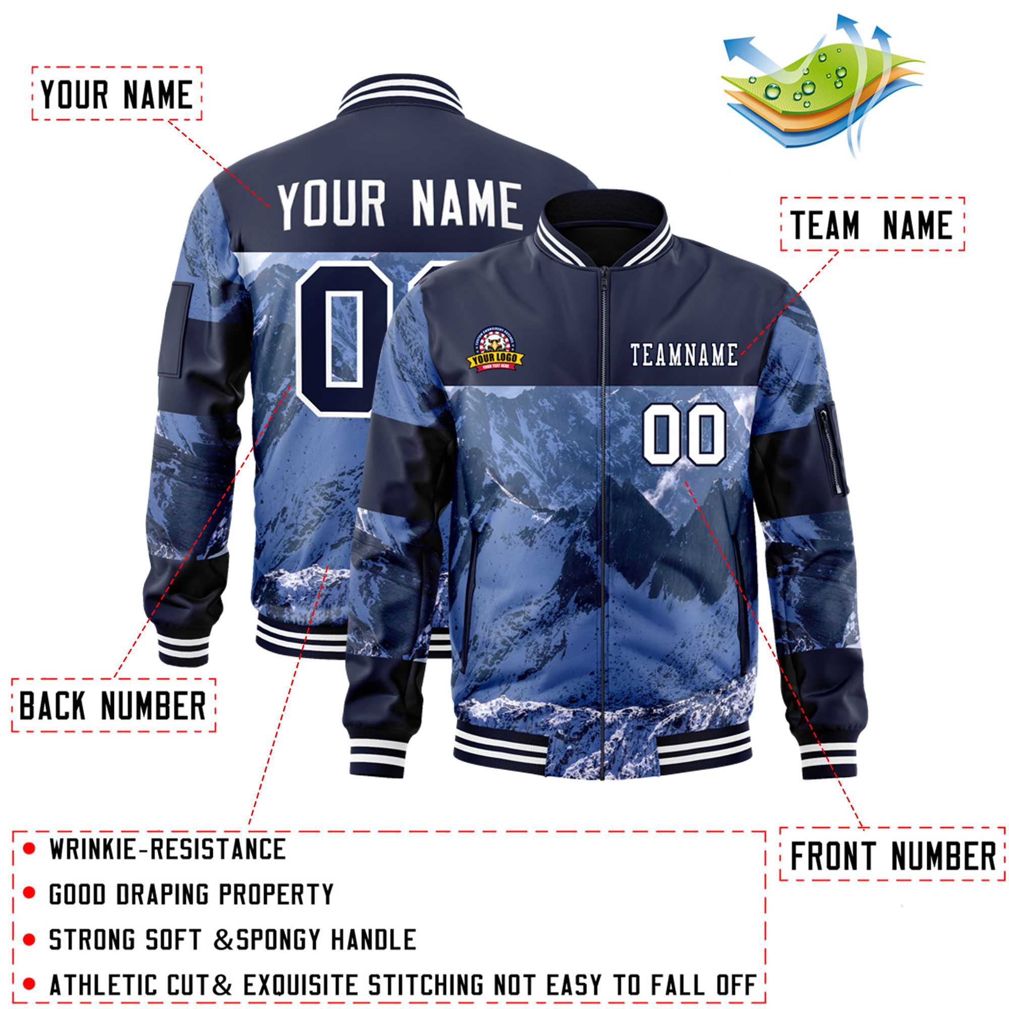 Custom Navy White Varsity Full-Zip Snow Mountain Letterman Bomber Jacket