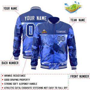 Custom Royal White Varsity Full-Zip Snow Mountain Letterman Bomber Jacket