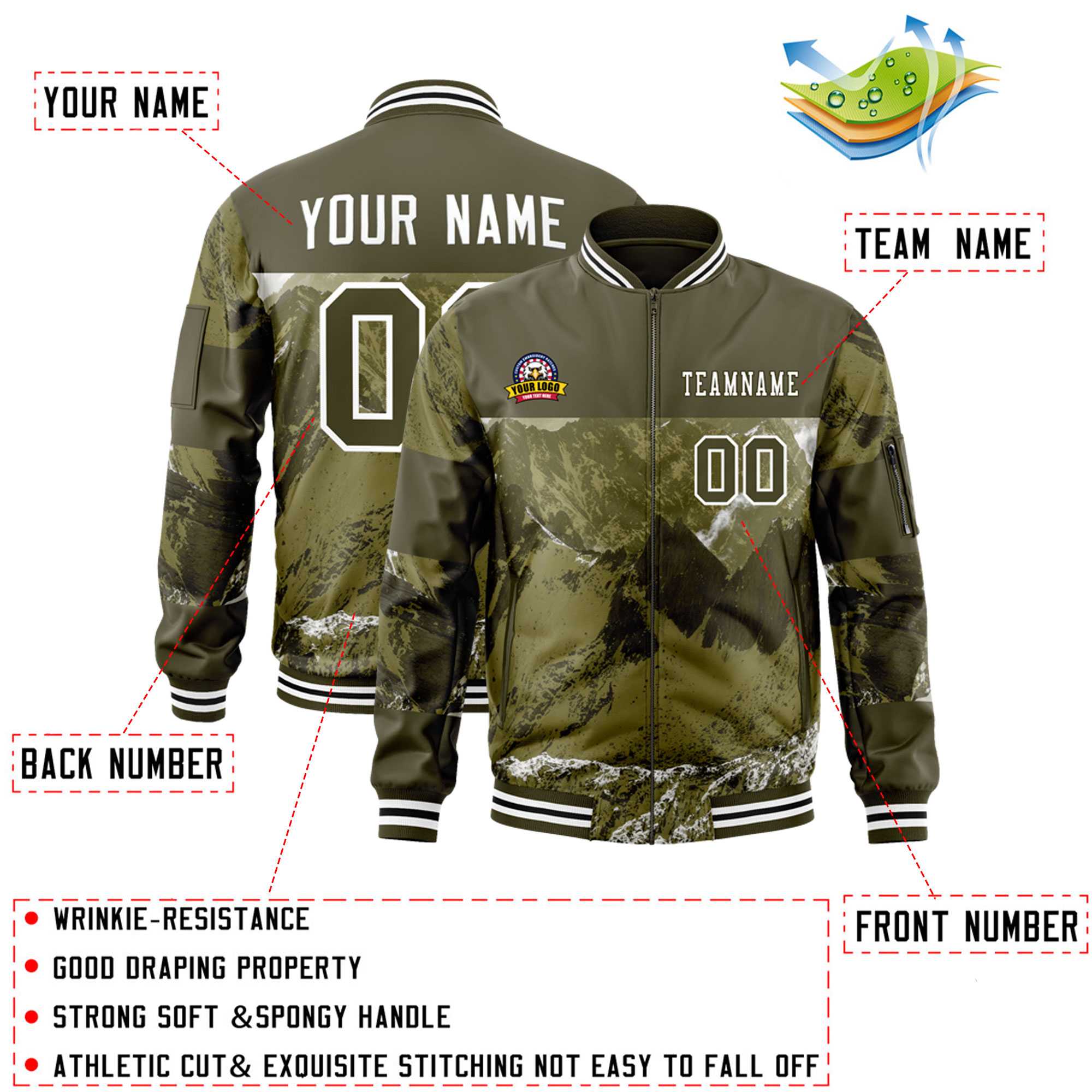 Custom Olive White Varsity Full-Zip Snow Mountain Letterman Bomber Jacket