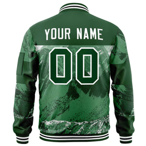 Custom Green White Varsity Full-Zip Snow Mountain Letterman Bomber Jacket