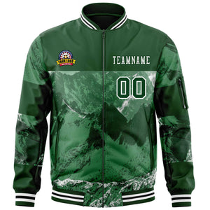 Custom Green White Varsity Full-Zip Snow Mountain Letterman Bomber Jacket