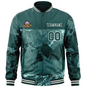 Custom Midnight Green Cream Varsity Full-Zip Snow Mountain Letterman Bomber Jacket