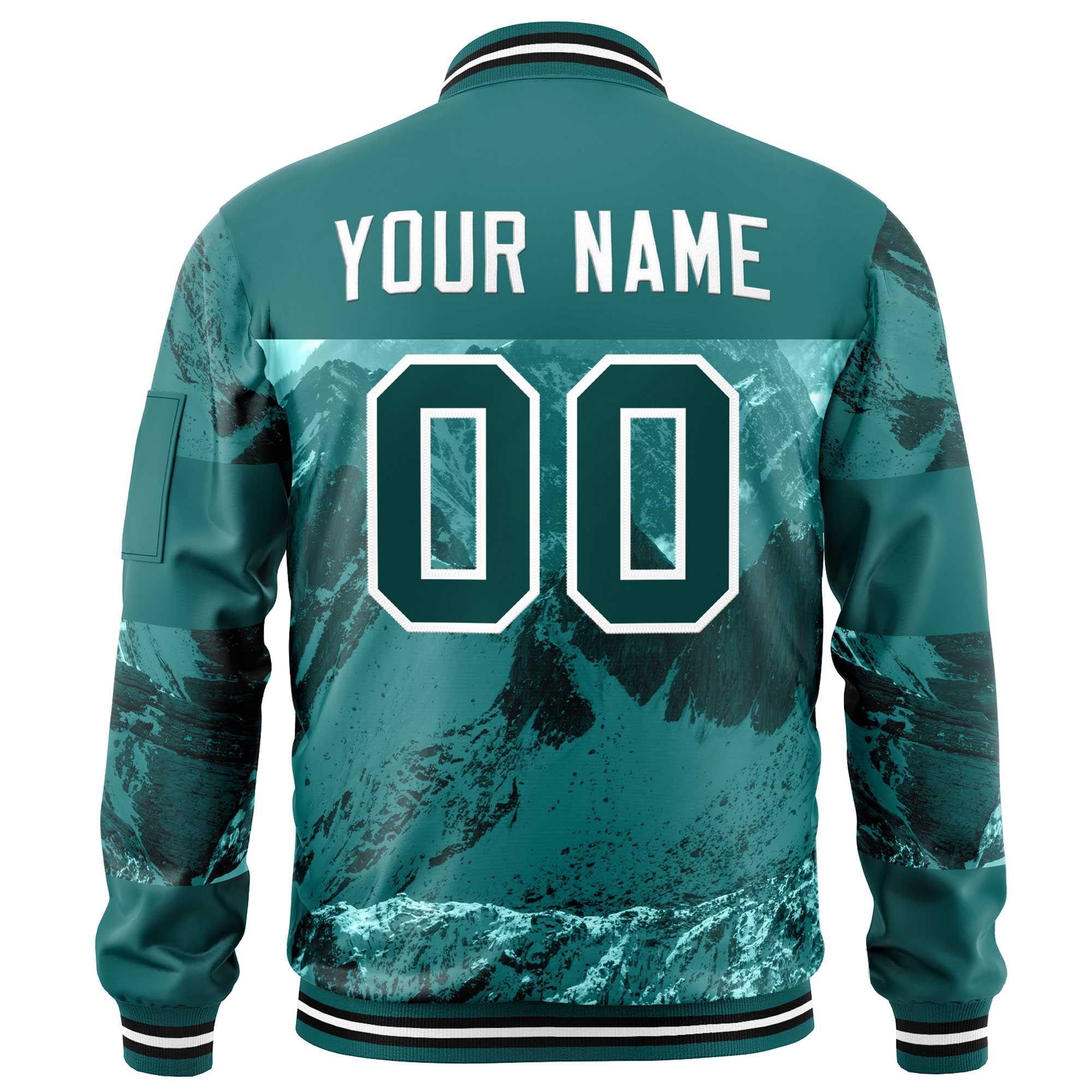 Custom Aqua White Varsity Full-Zip Snow Mountain Letterman Bomber Jacket