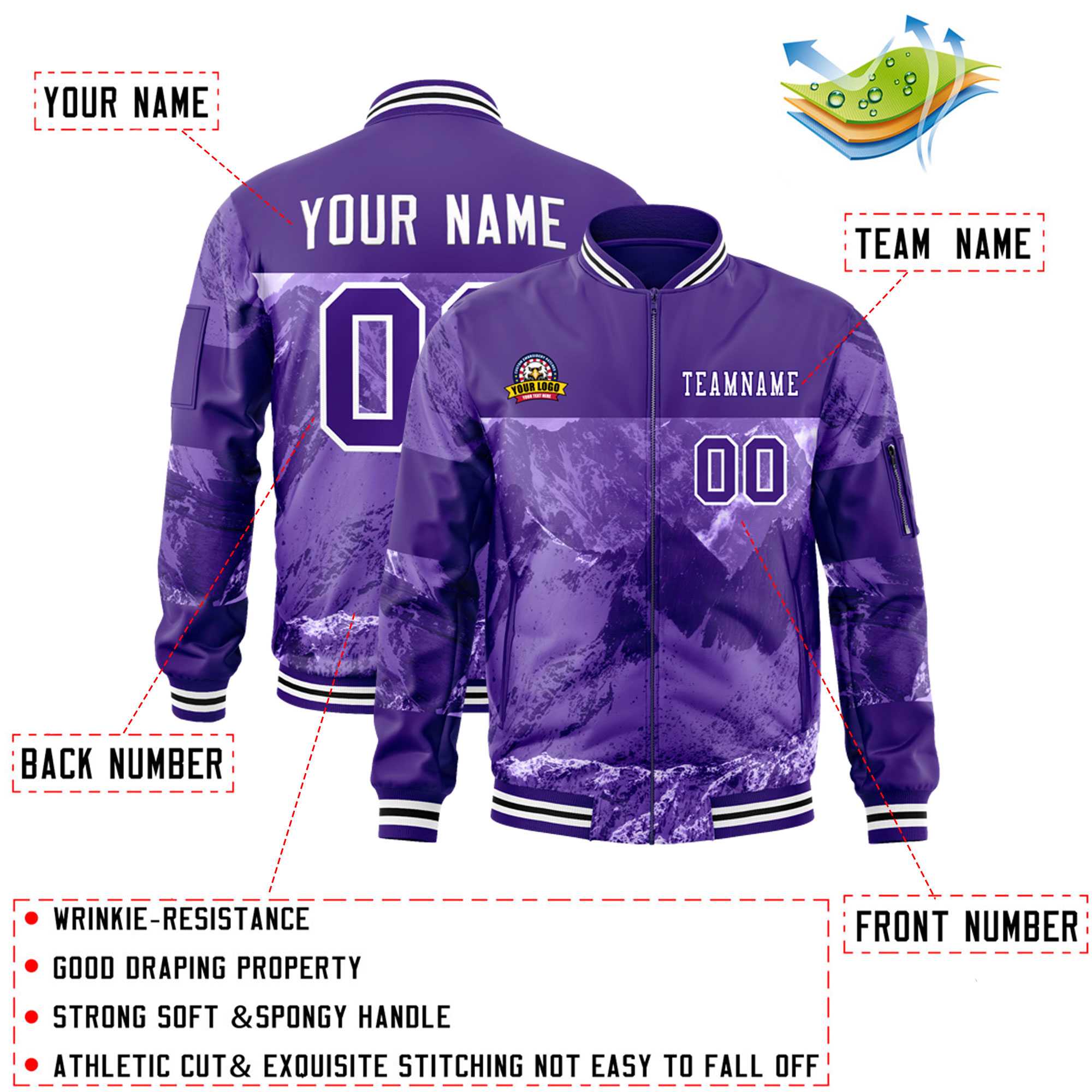 Custom Purple White Varsity Full-Zip Snow Mountain Letterman Bomber Jacket