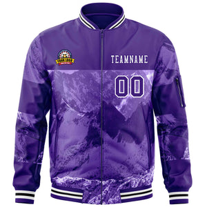 Custom Purple White Varsity Full-Zip Snow Mountain Letterman Bomber Jacket