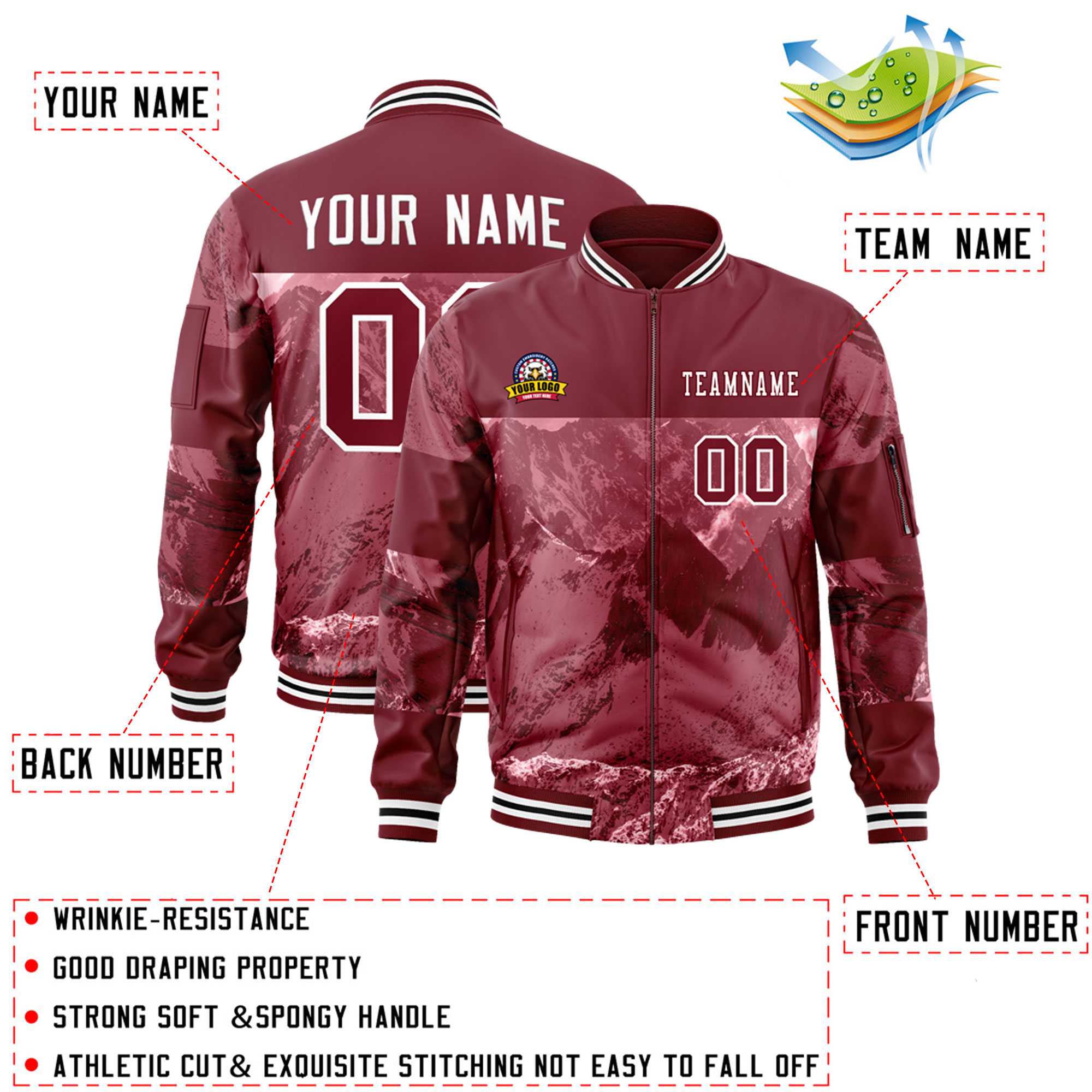 Custom Crimson White Varsity Full-Zip Snow Mountain Letterman Bomber Jacket