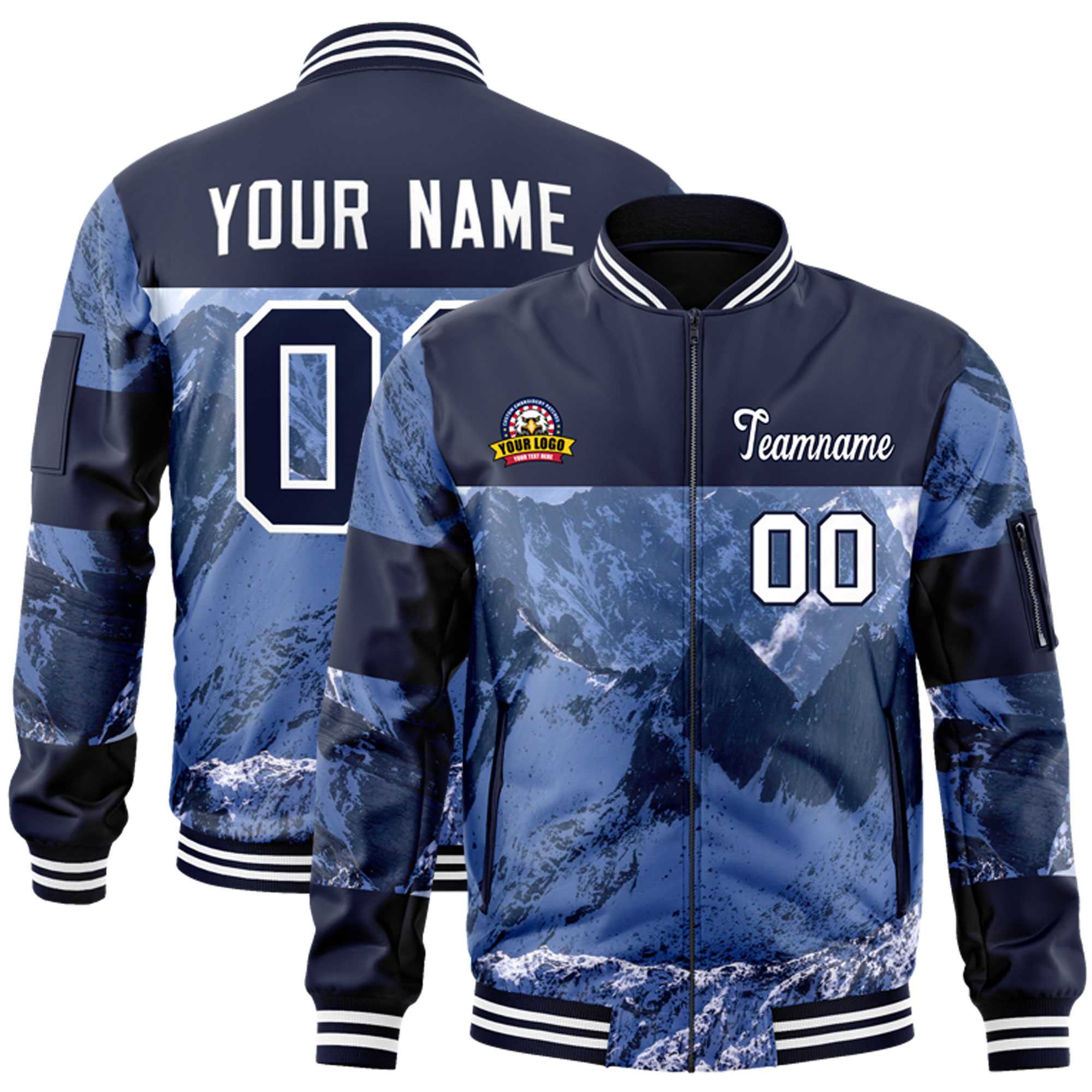 Custom Navy White Varsity Full-Zip Snow Mountain Letterman Bomber Jacket