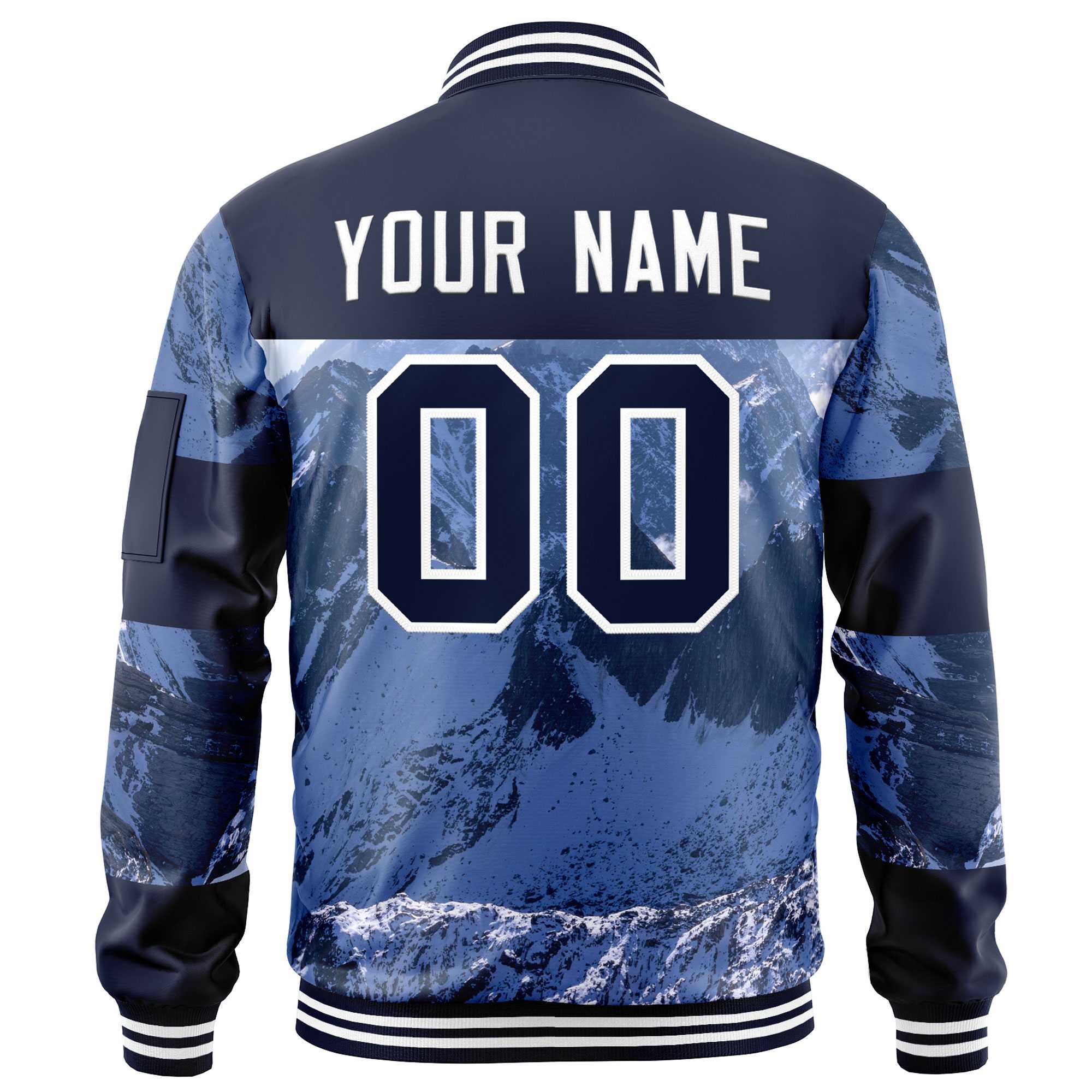 Custom Navy White Varsity Full-Zip Snow Mountain Letterman Bomber Jacket