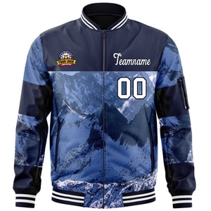 Custom Navy White Varsity Full-Zip Snow Mountain Letterman Bomber Jacket