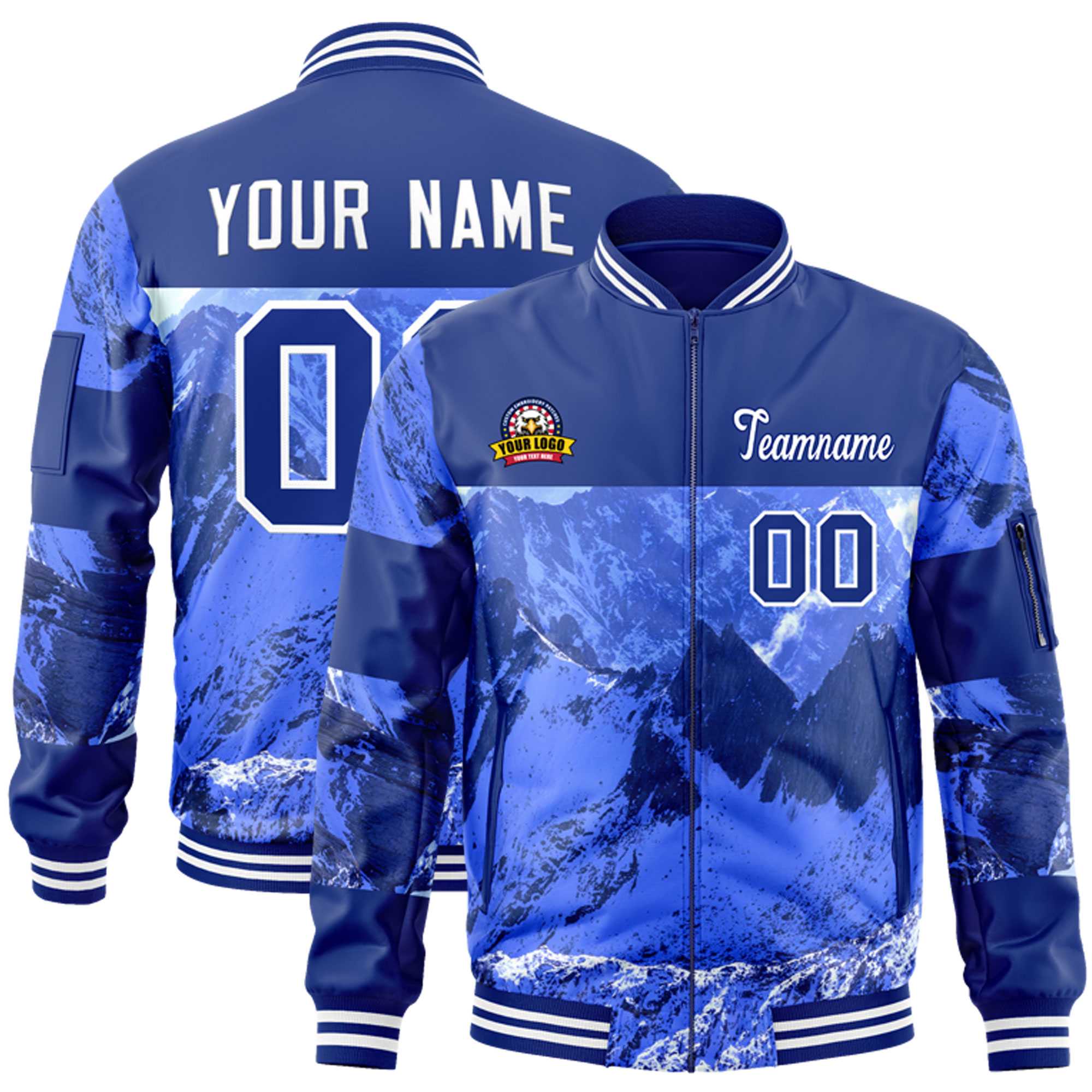 Custom Royal White Varsity Full-Zip Snow Mountain Letterman Bomber Jacket