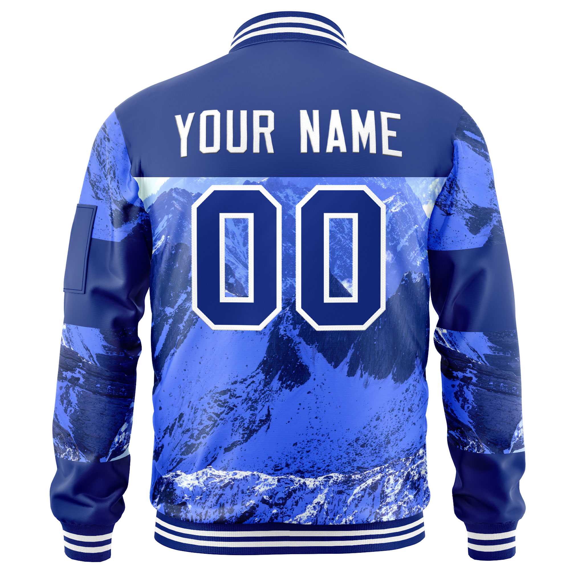 Custom Royal White Varsity Full-Zip Snow Mountain Letterman Bomber Jacket