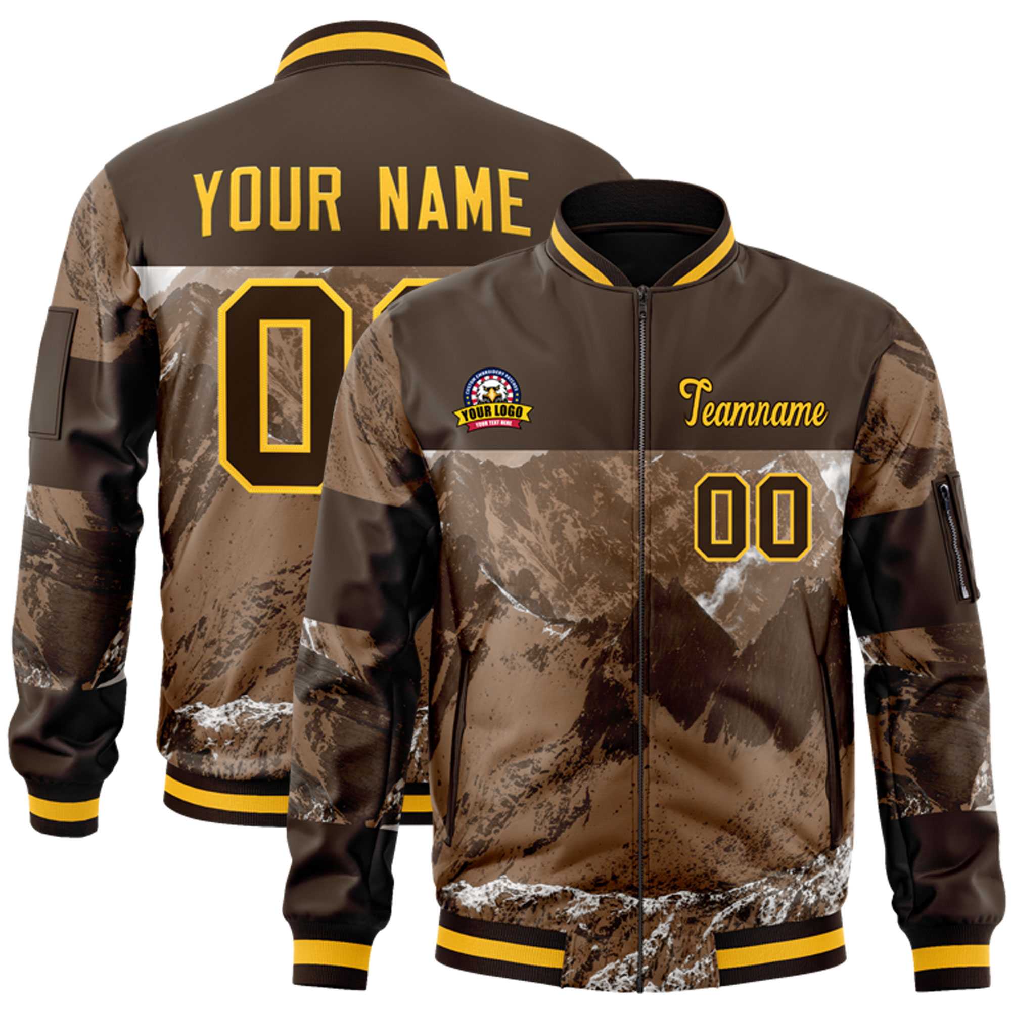 Custom Brown Gold Varsity Full-Zip Snow Mountain Letterman Bomber Jacket