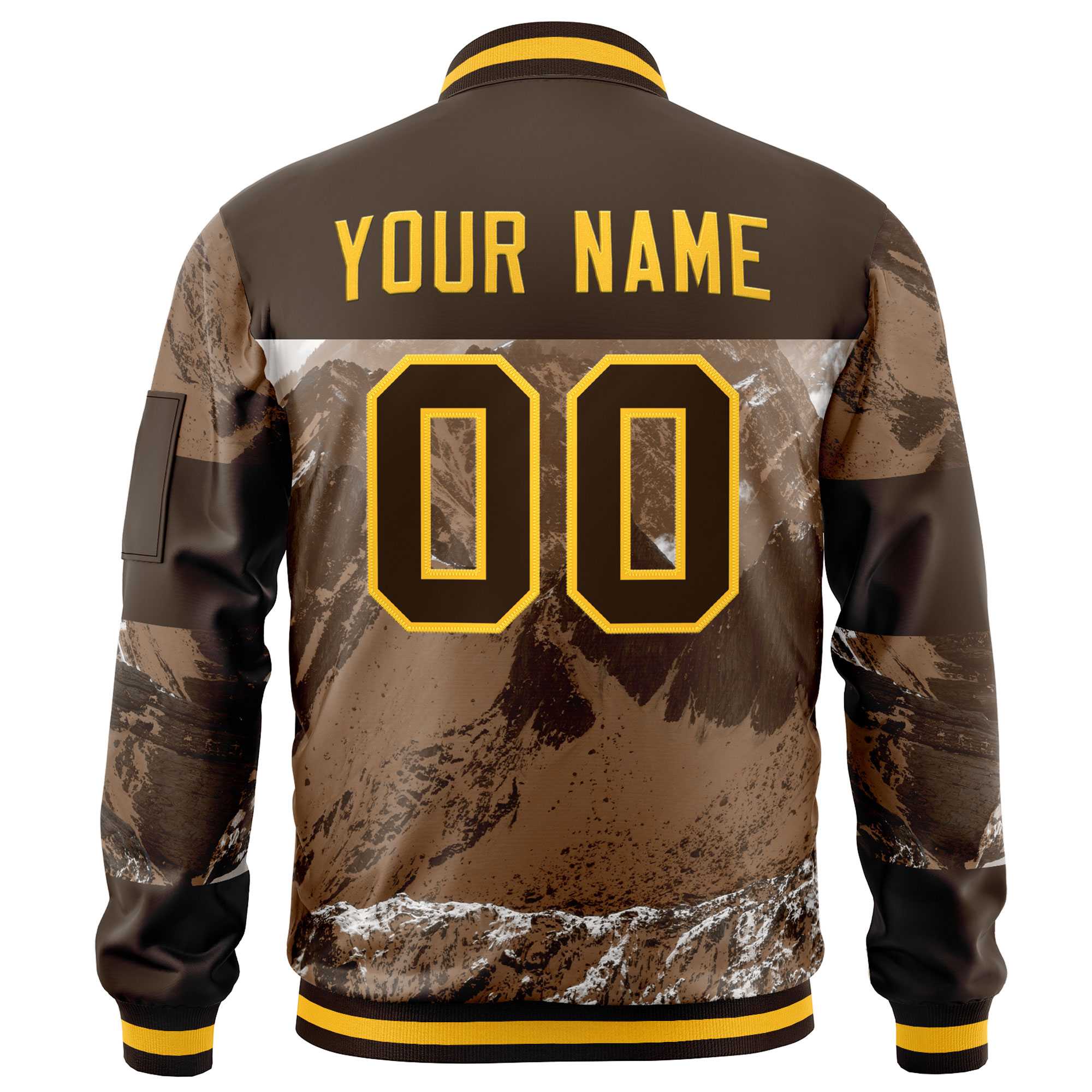 Custom Brown Gold Varsity Full-Zip Snow Mountain Letterman Bomber Jacket