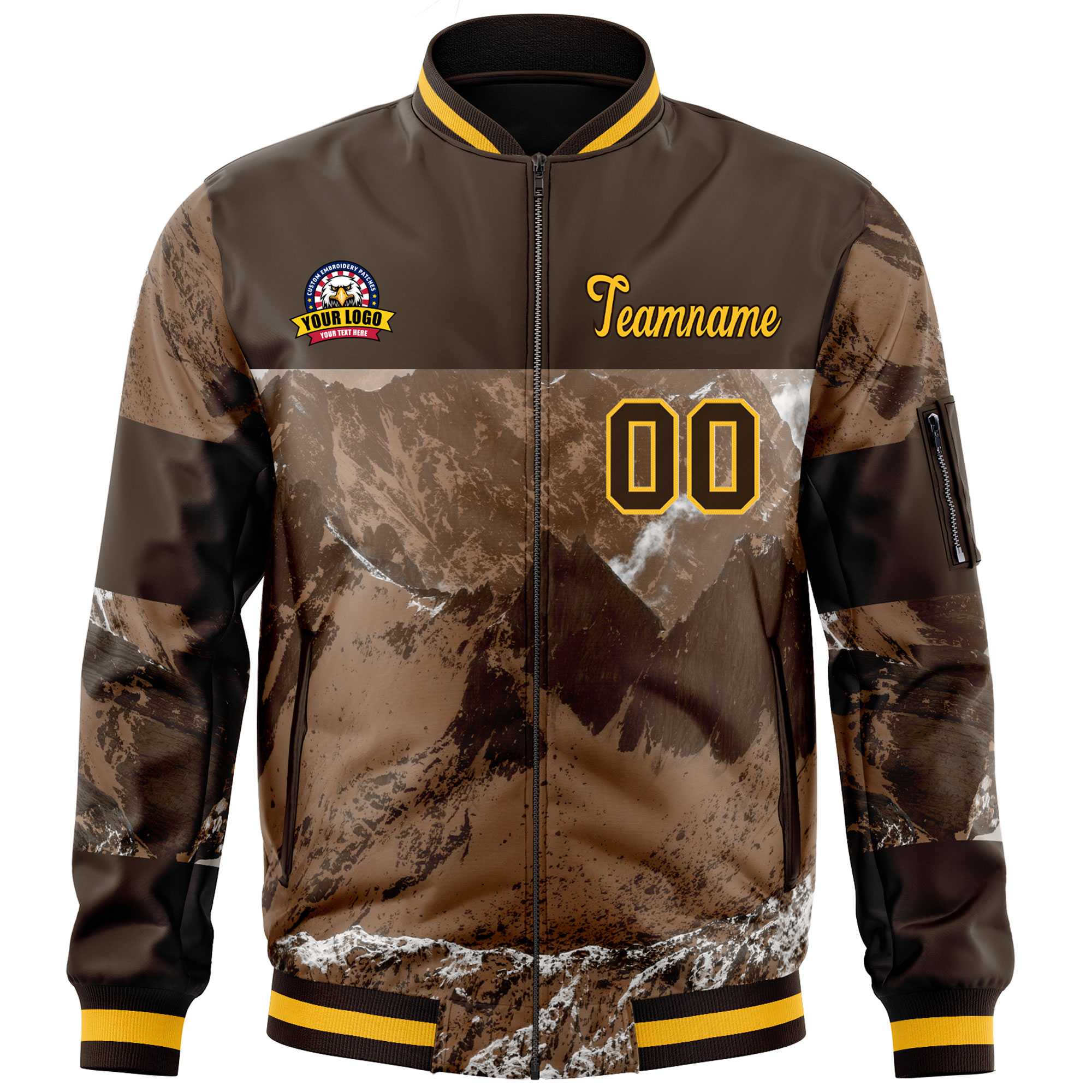 Custom Brown Gold Varsity Full-Zip Snow Mountain Letterman Bomber Jacket