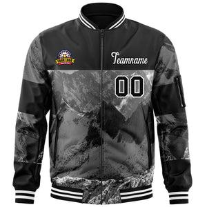 Custom Black White Varsity Full-Zip Snow Mountain Letterman Bomber Jacket