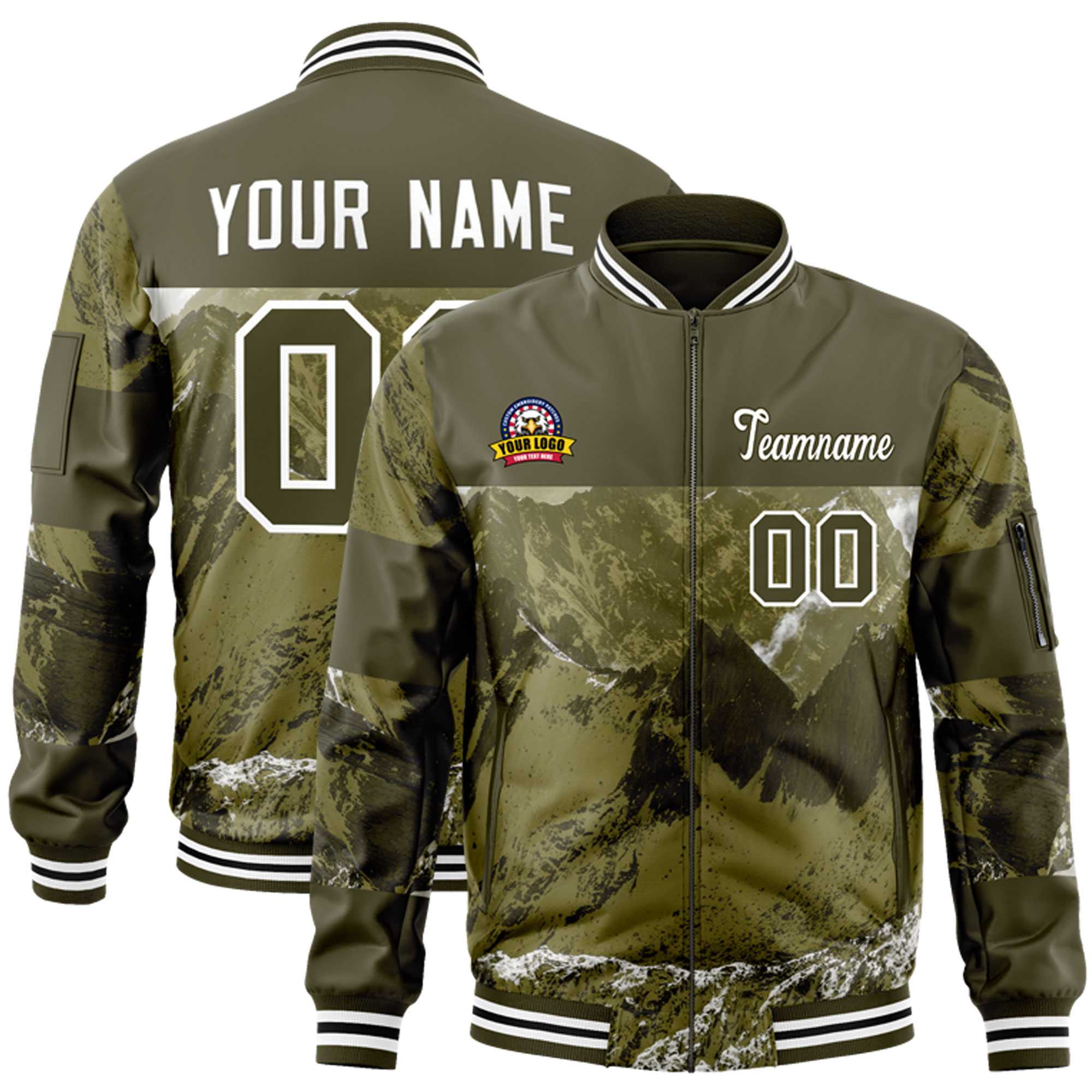 Custom Olive White Varsity Full-Zip Snow Mountain Letterman Bomber Jacket