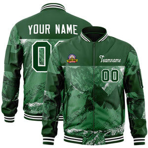 Custom Green White Varsity Full-Zip Snow Mountain Letterman Bomber Jacket