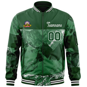 Custom Green White Varsity Full-Zip Snow Mountain Letterman Bomber Jacket