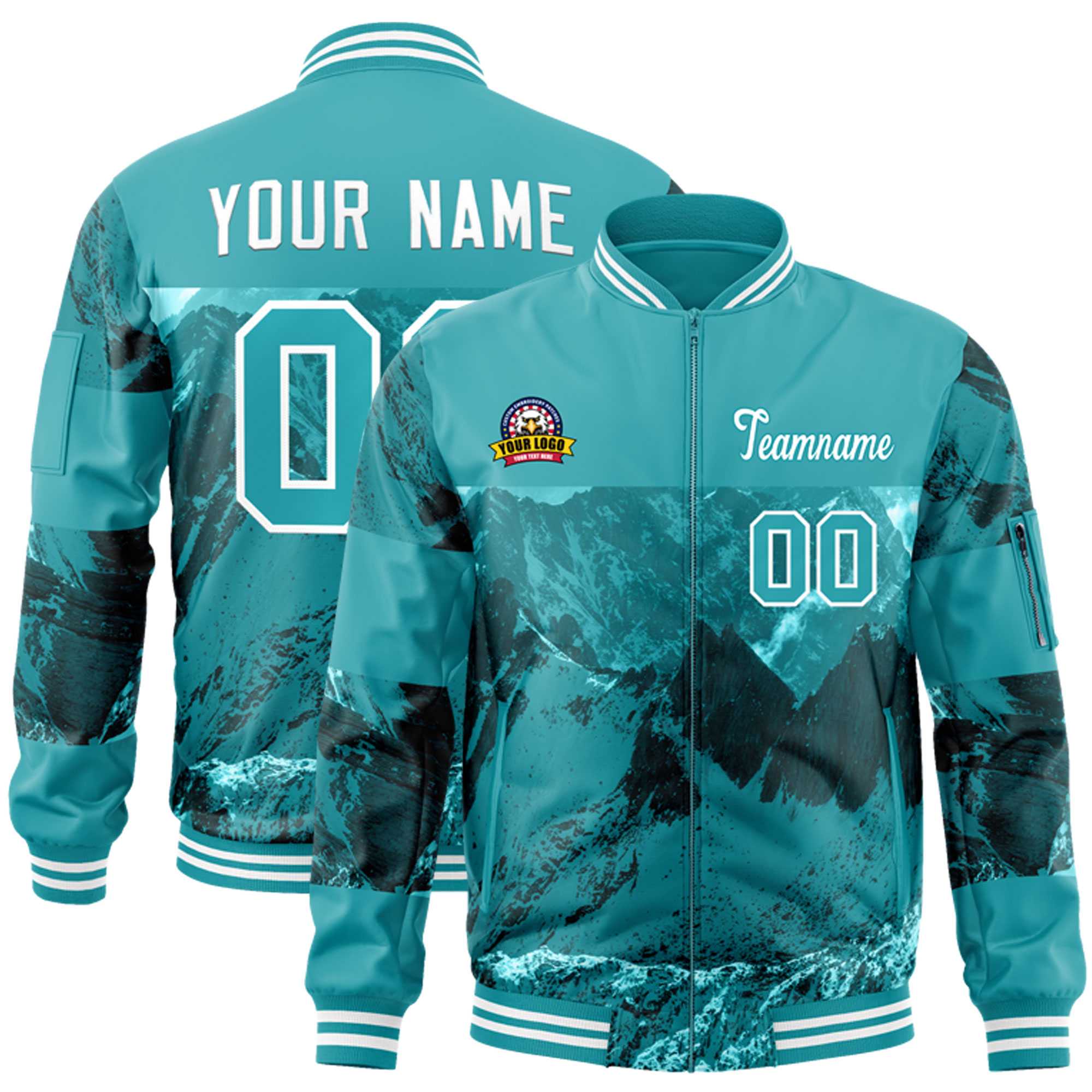 Custom Aqua White Varsity Full-Zip Snow Mountain Letterman Bomber Jacket