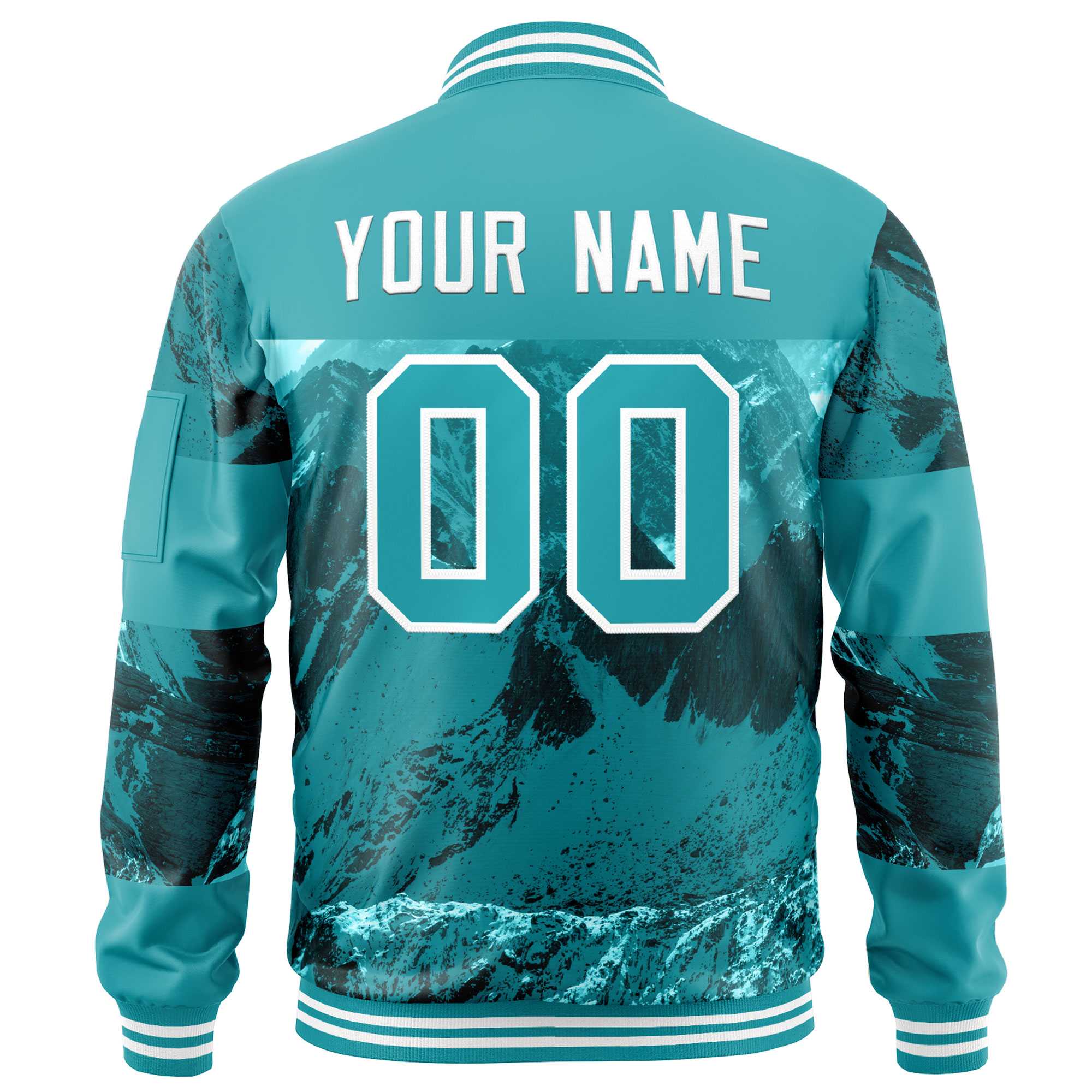 Custom Aqua White Varsity Full-Zip Snow Mountain Letterman Bomber Jacket