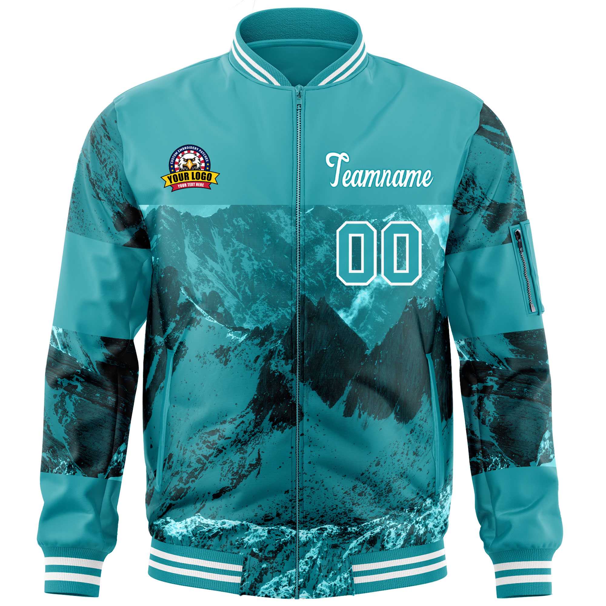 Custom Aqua White Varsity Full-Zip Snow Mountain Letterman Bomber Jacket