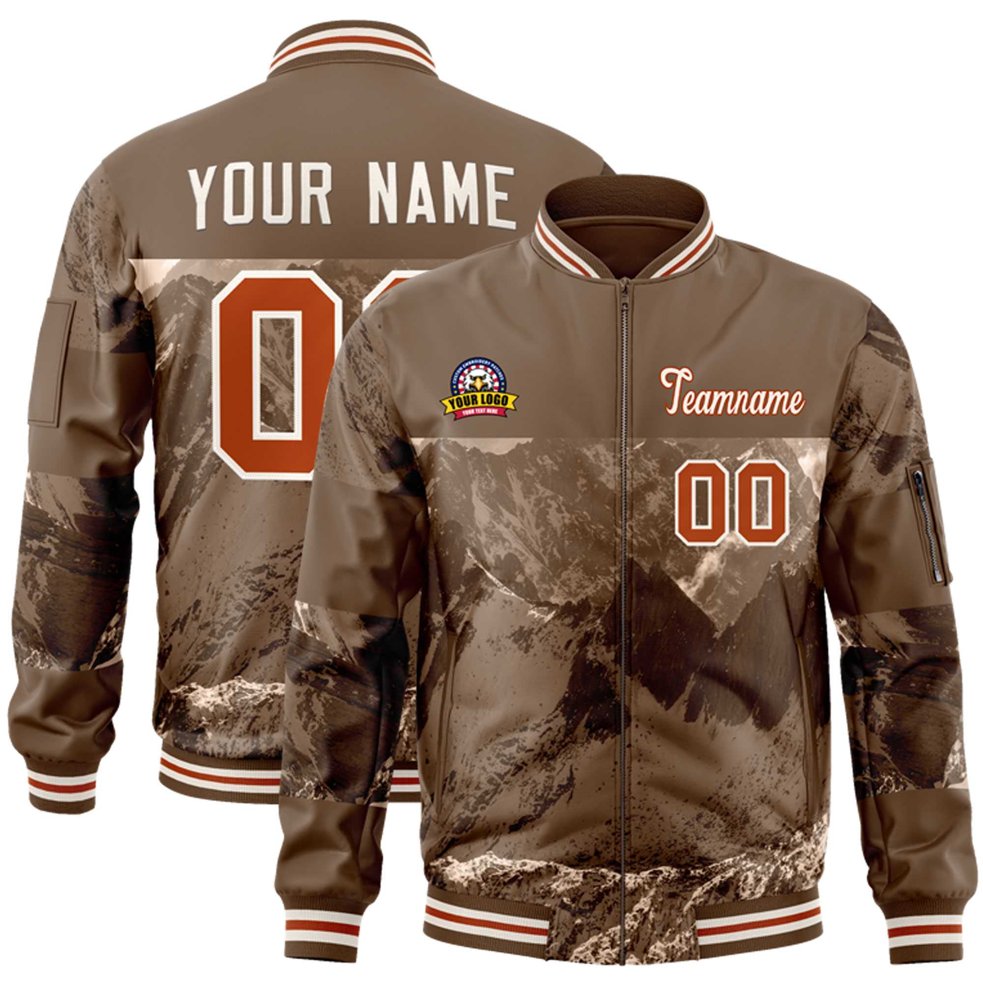 Custom Light Brown Cream Varsity Full-Zip Snow Mountain Letterman Bomber Jacket