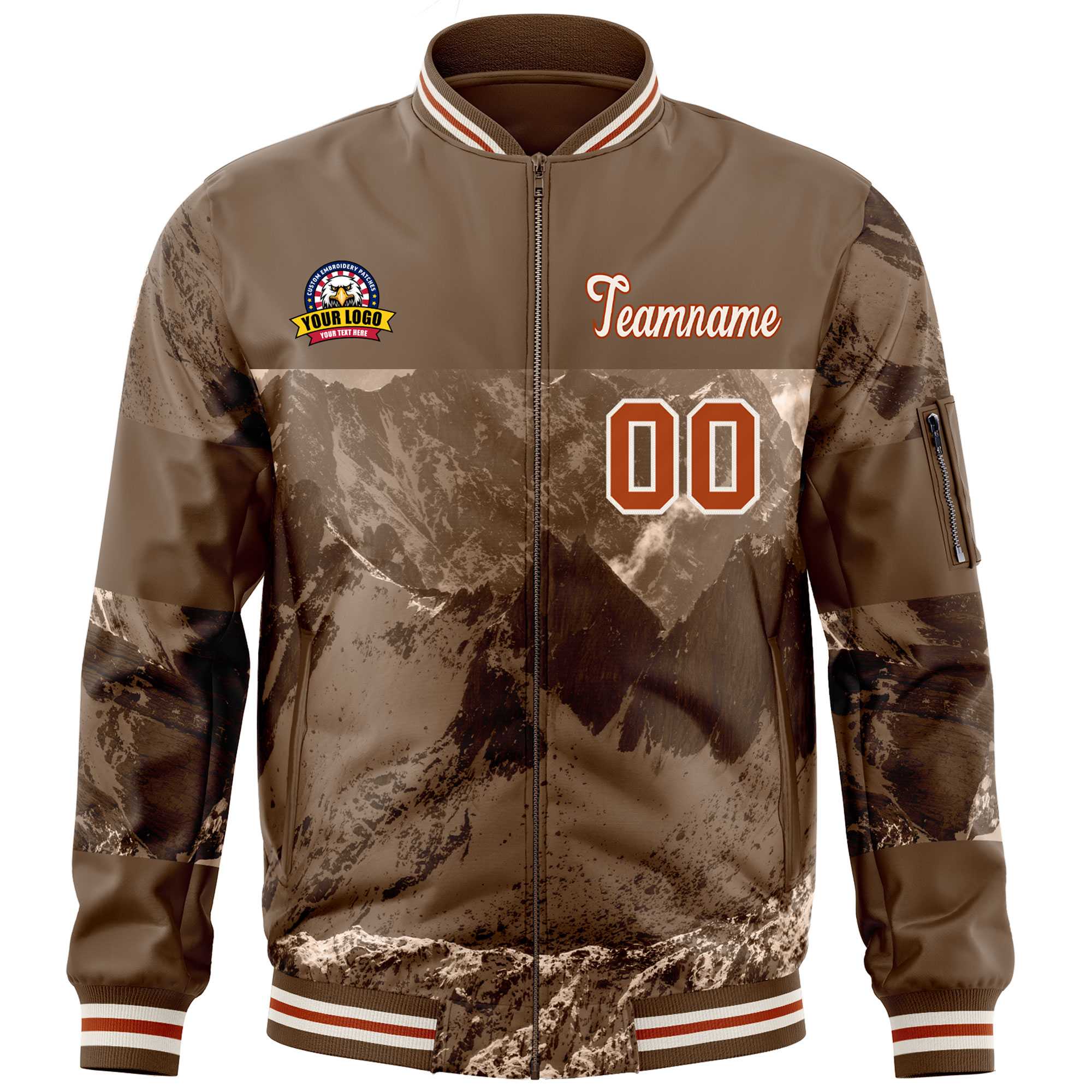 Custom Light Brown Cream Varsity Full-Zip Snow Mountain Letterman Bomber Jacket