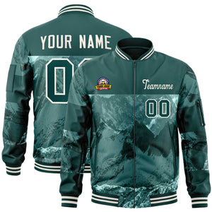 Custom Midnight Green Cream Varsity Full-Zip Snow Mountain Letterman Bomber Jacket