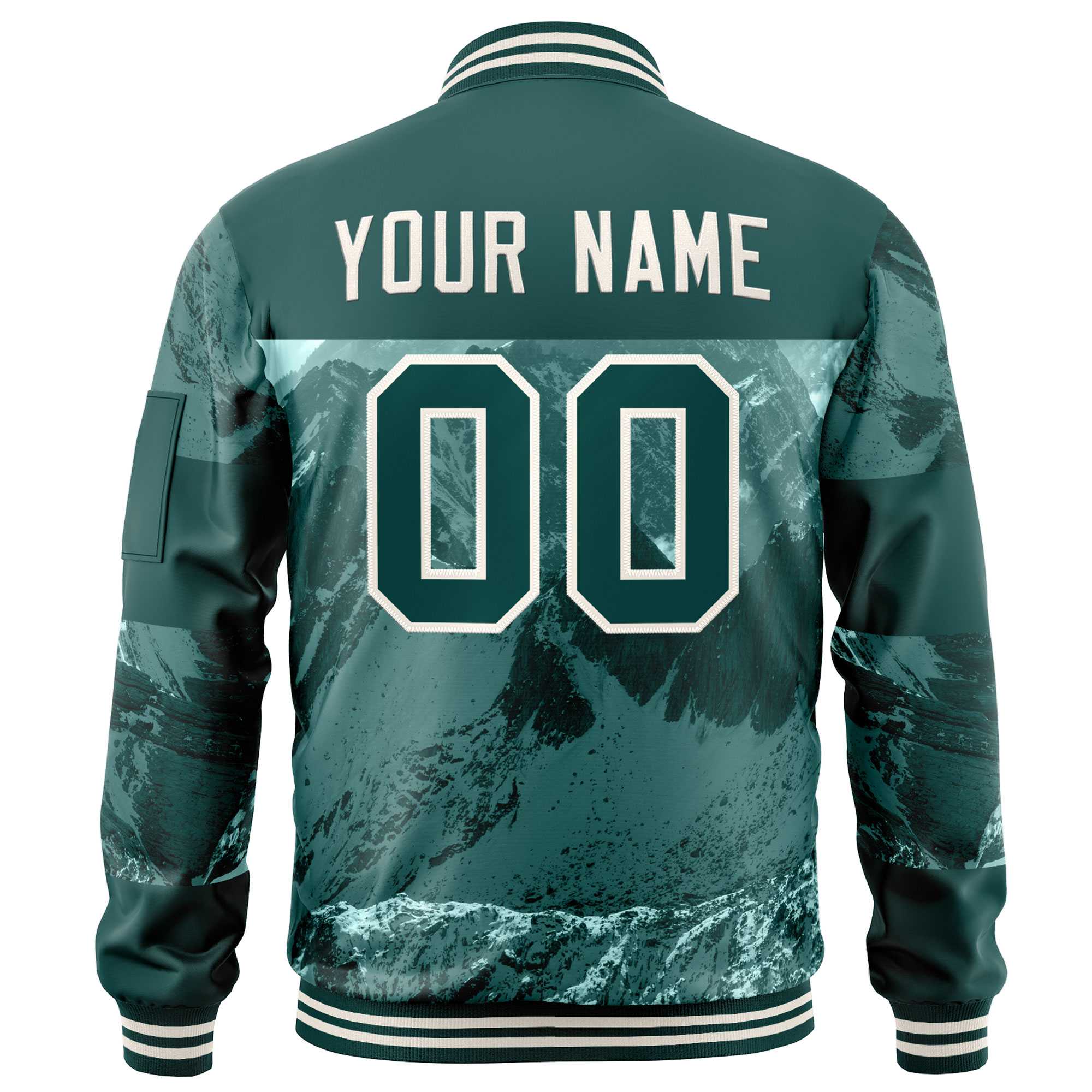 Custom Midnight Green Cream Varsity Full-Zip Snow Mountain Letterman Bomber Jacket