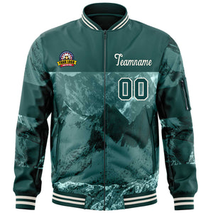 Custom Midnight Green Cream Varsity Full-Zip Snow Mountain Letterman Bomber Jacket