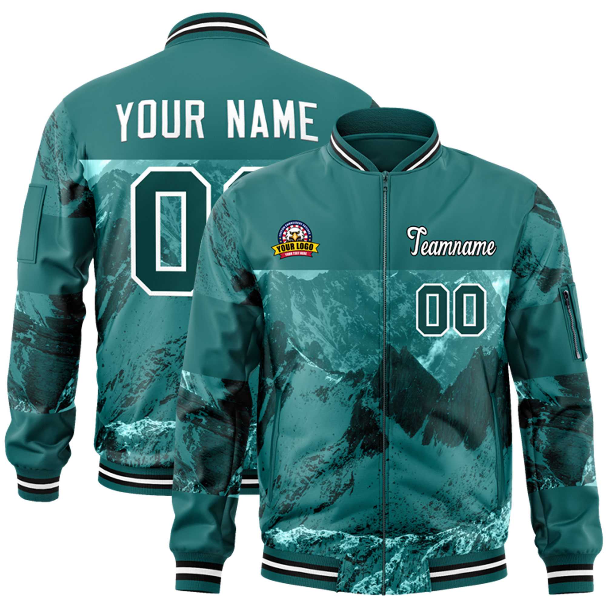 Custom Aqua White Varsity Full-Zip Snow Mountain Letterman Bomber Jacket