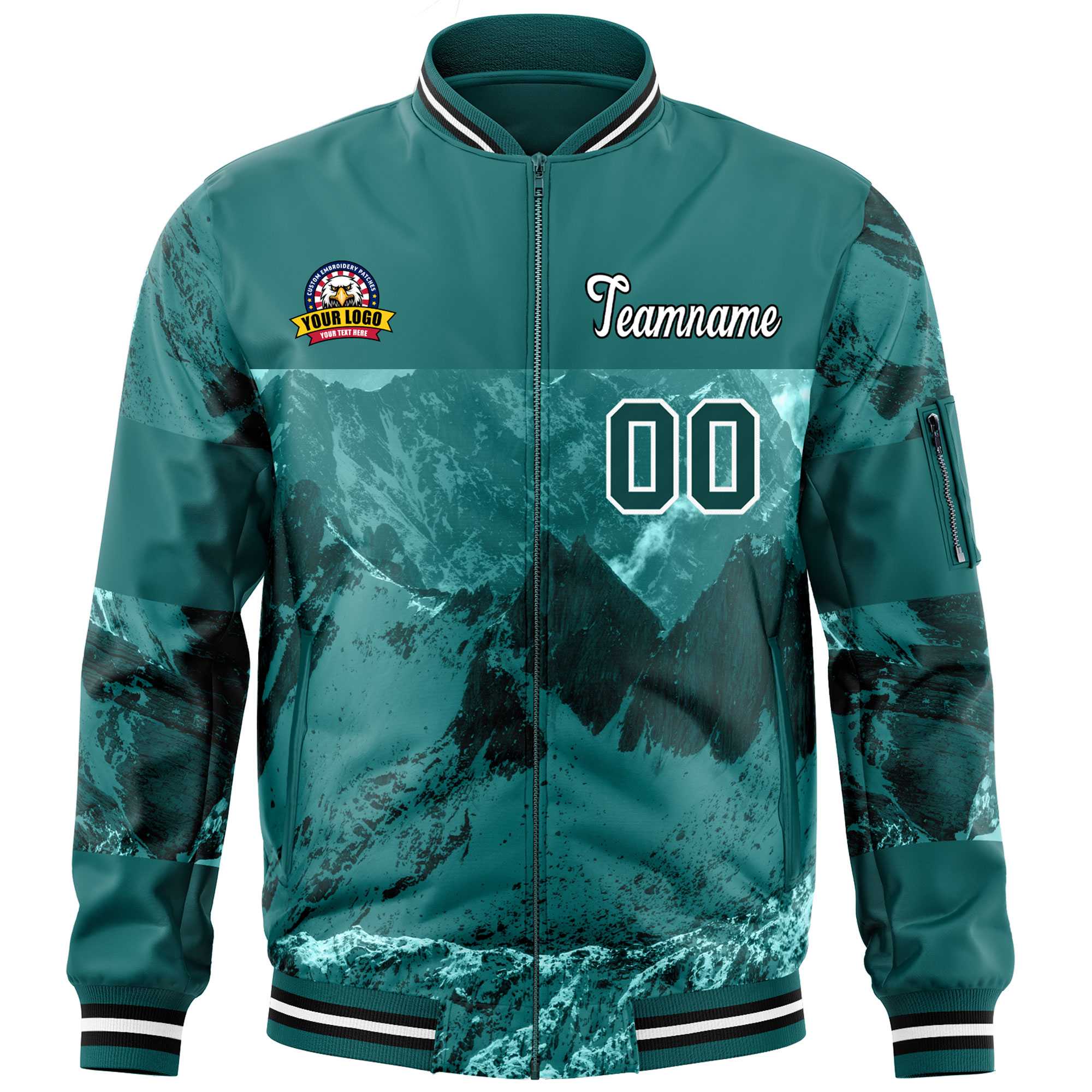 Custom Aqua White Varsity Full-Zip Snow Mountain Letterman Bomber Jacket