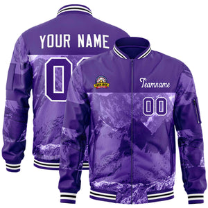 Custom Purple White Varsity Full-Zip Snow Mountain Letterman Bomber Jacket