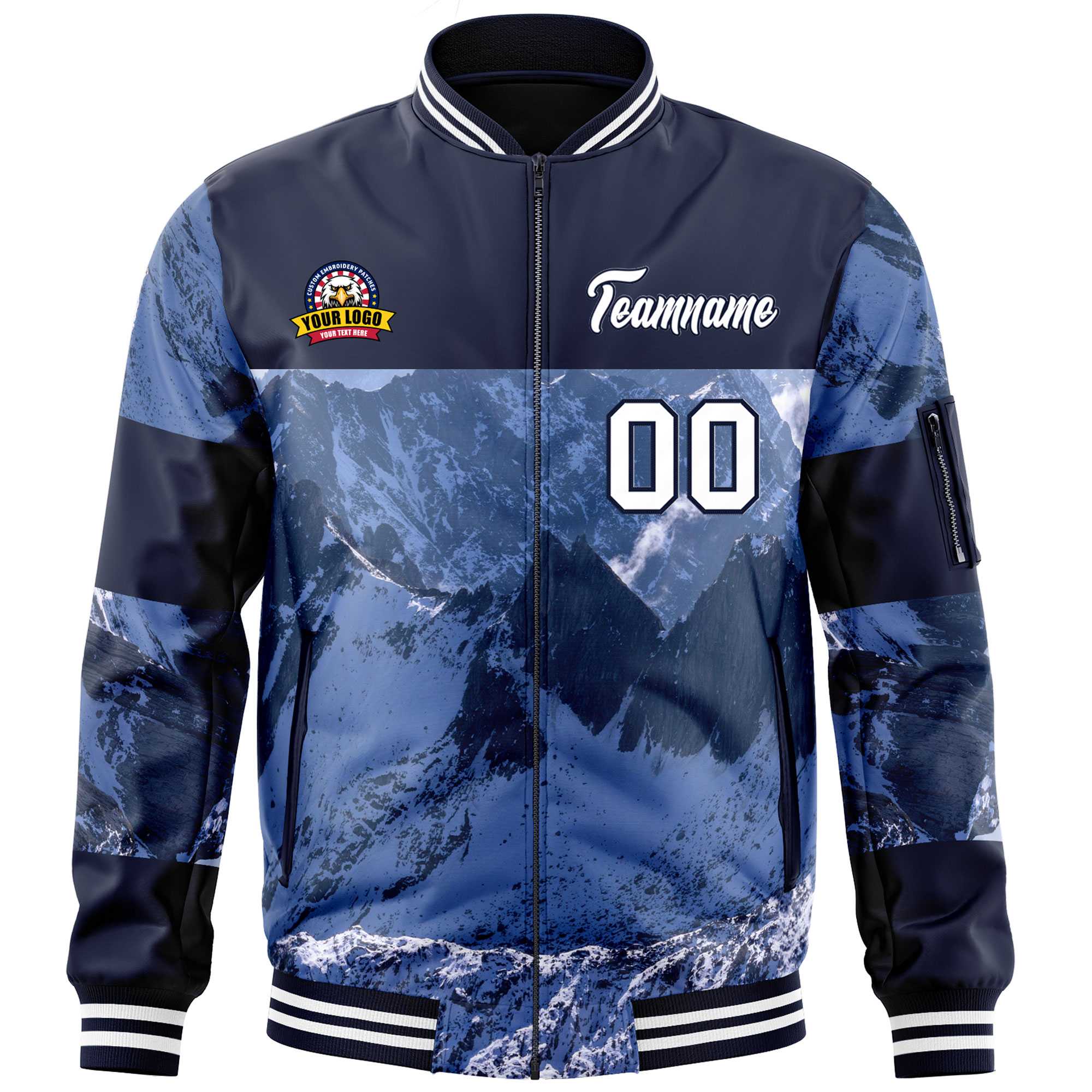 Custom Navy White Varsity Full-Zip Snow Mountain Letterman Bomber Jacket