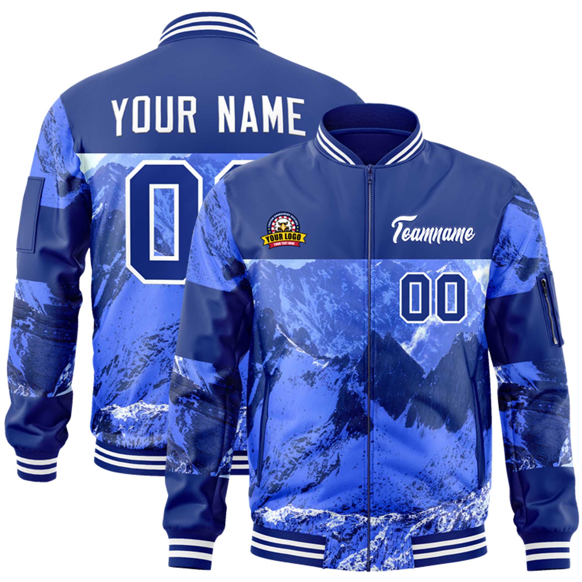 Custom Royal White Varsity Full-Zip Snow Mountain Letterman Bomber Jacket