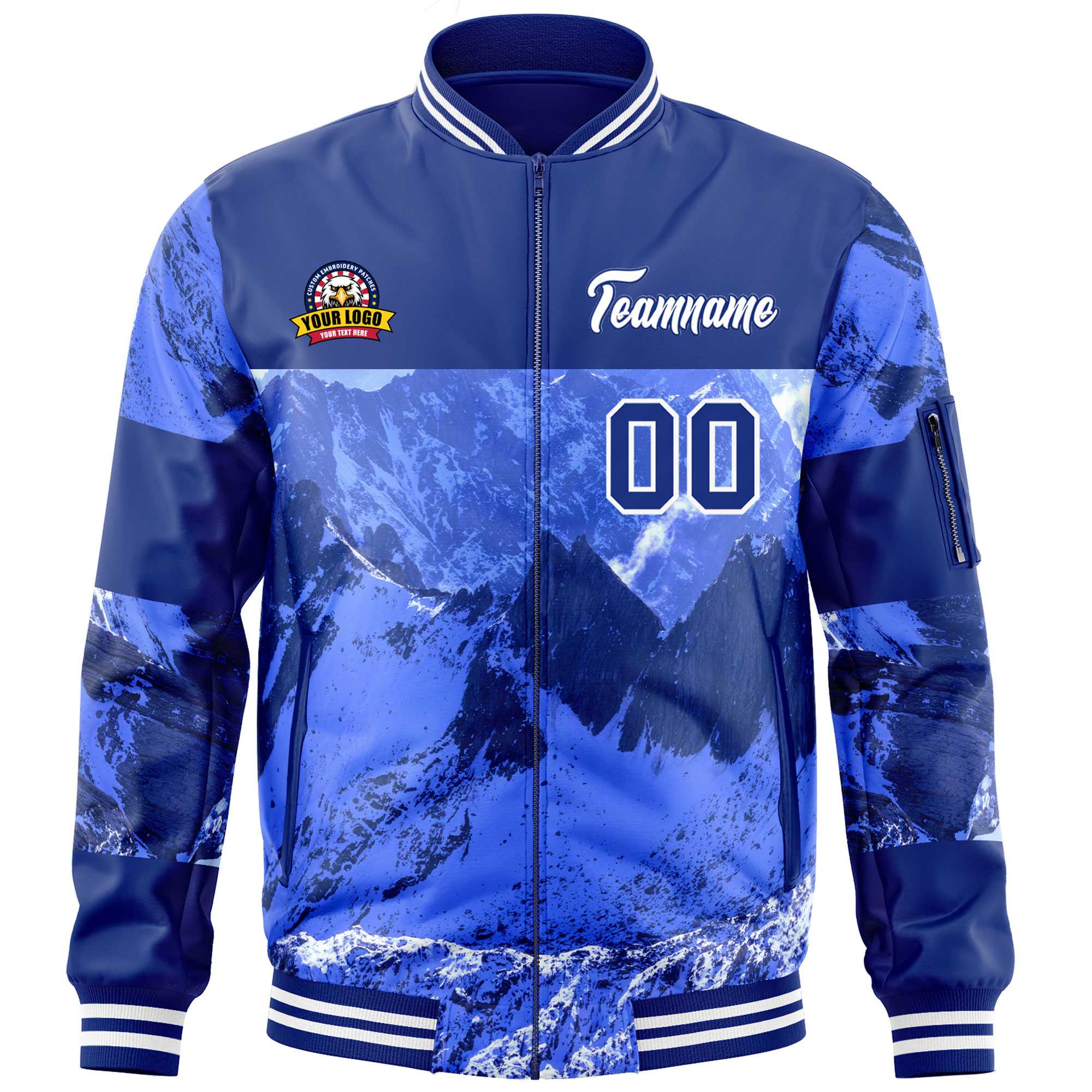 Custom Royal White Varsity Full-Zip Snow Mountain Letterman Bomber Jacket