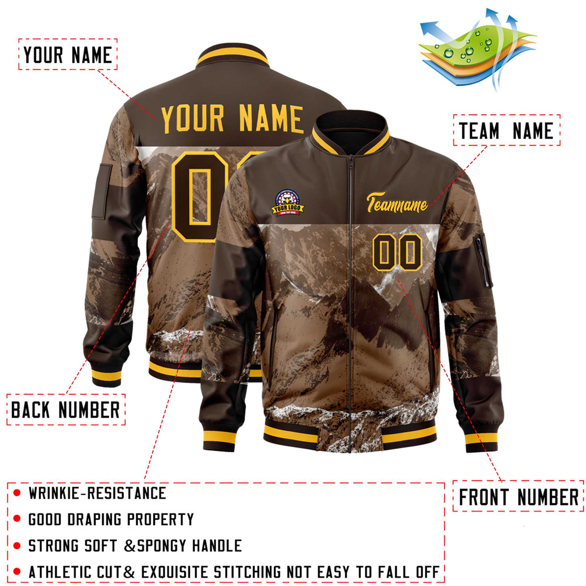 Custom Brown Gold Varsity Full-Zip Snow Mountain Letterman Bomber Jacket