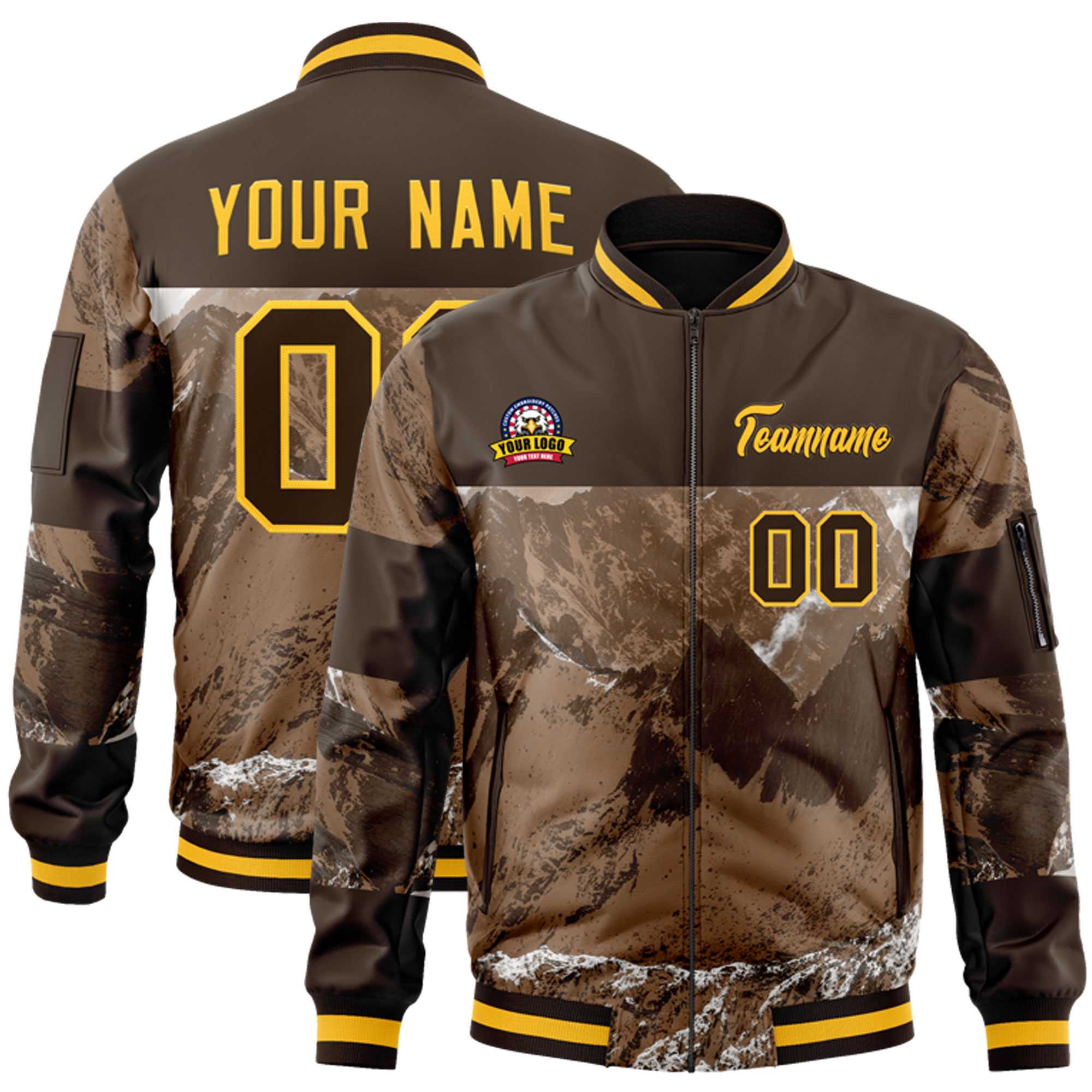 Custom Brown Gold Varsity Full-Zip Snow Mountain Letterman Bomber Jacket