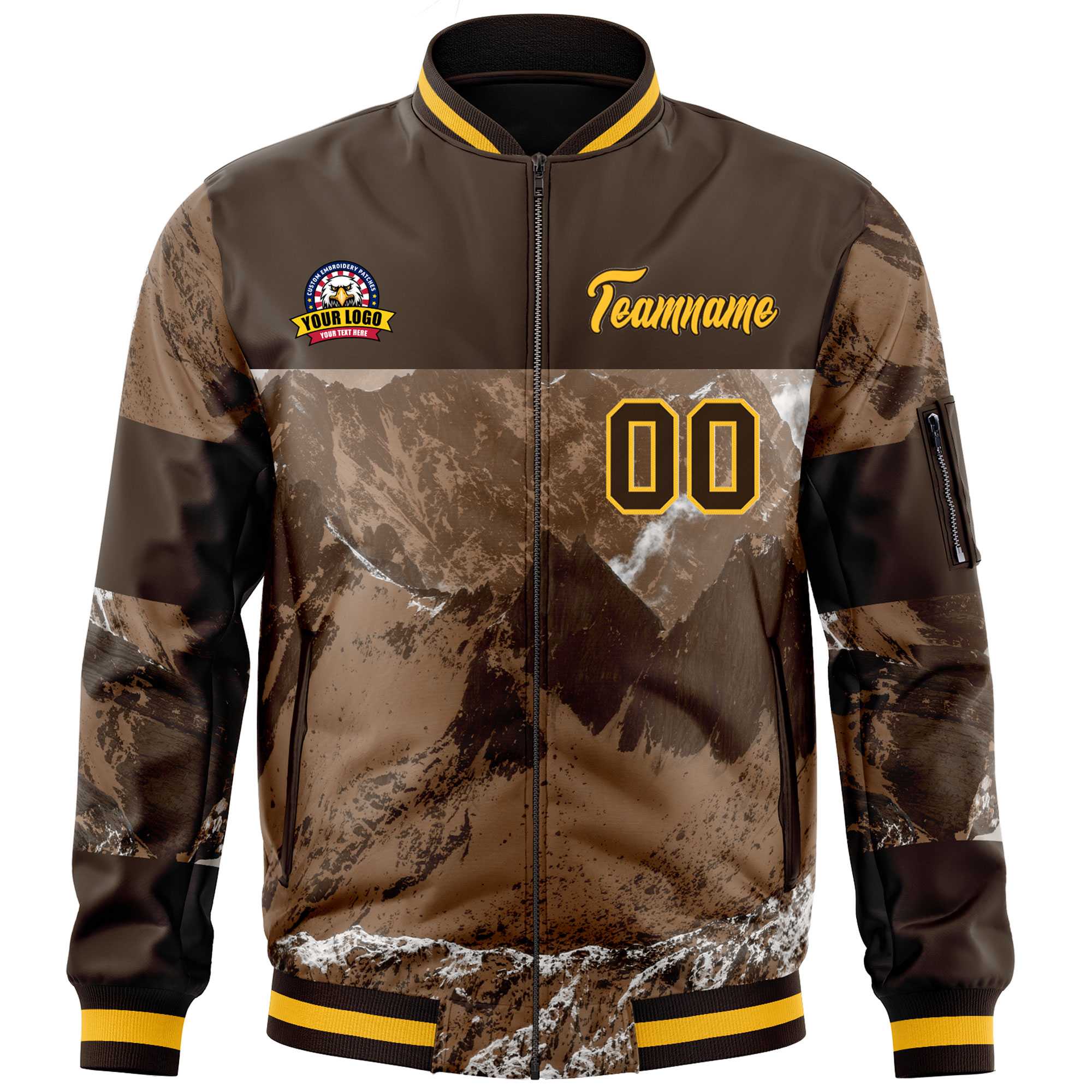 Custom Brown Gold Varsity Full-Zip Snow Mountain Letterman Bomber Jacket