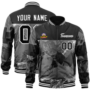 Custom Black White Varsity Full-Zip Snow Mountain Letterman Bomber Jacket