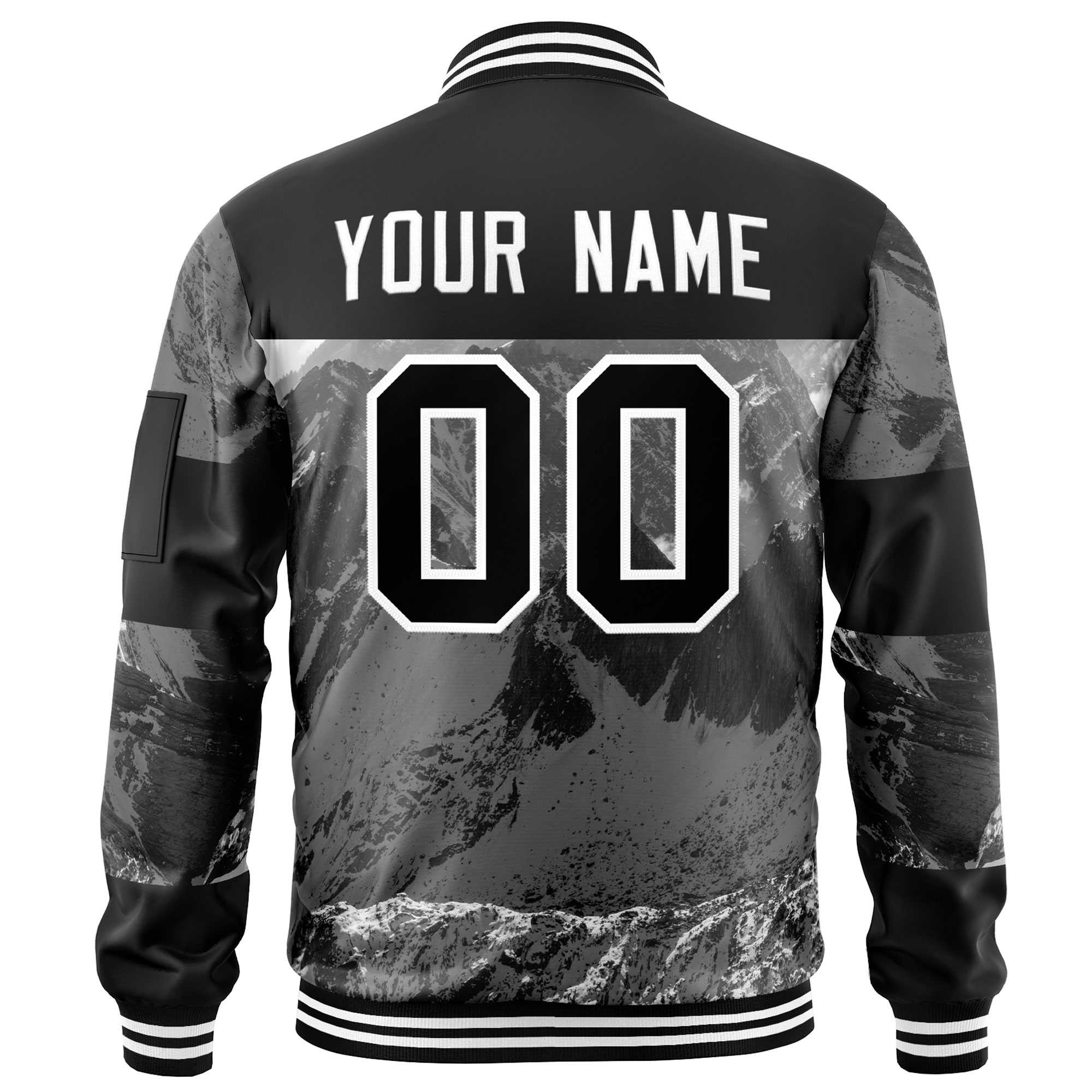 Custom Black White Varsity Full-Zip Snow Mountain Letterman Bomber Jacket