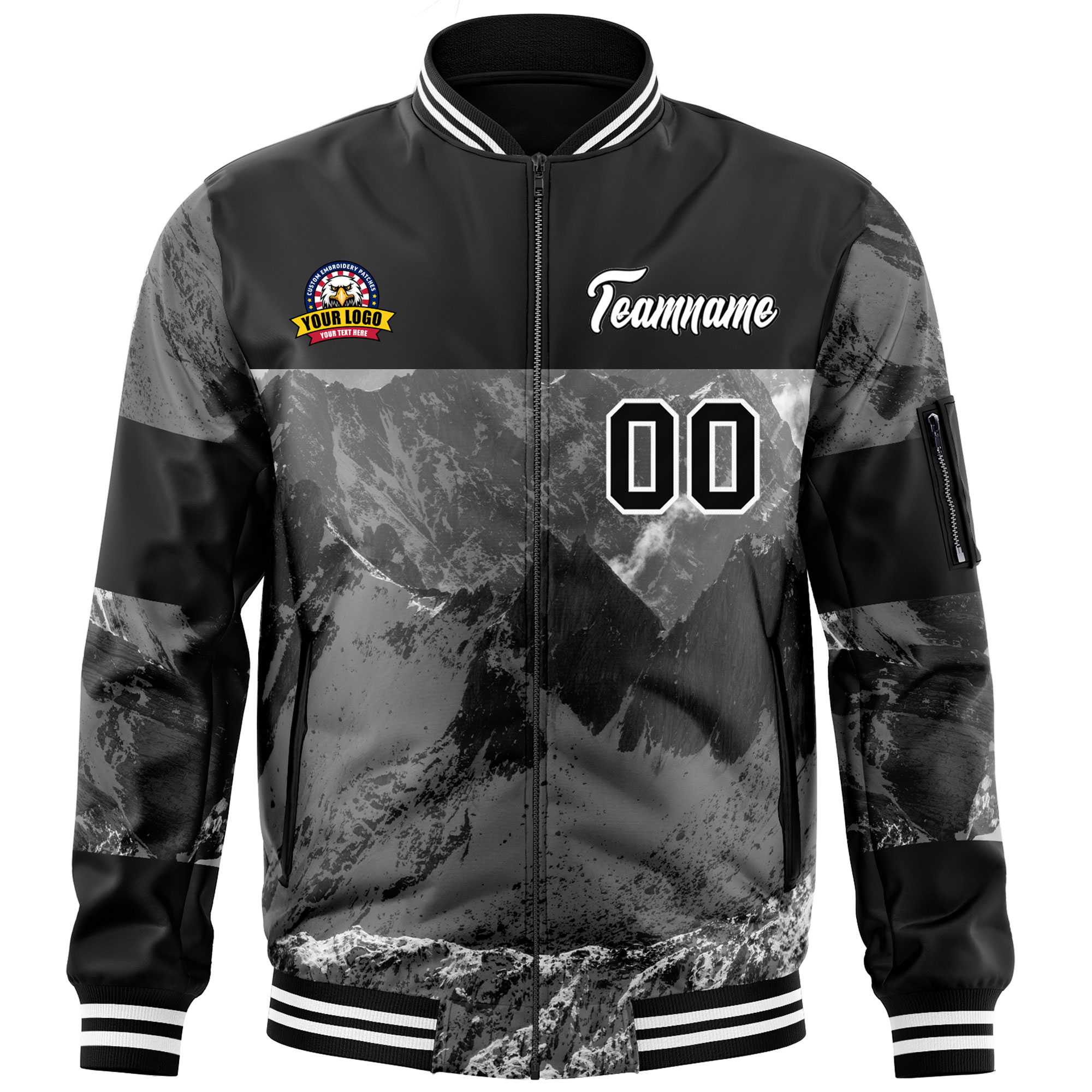 Custom Black White Varsity Full-Zip Snow Mountain Letterman Bomber Jacket