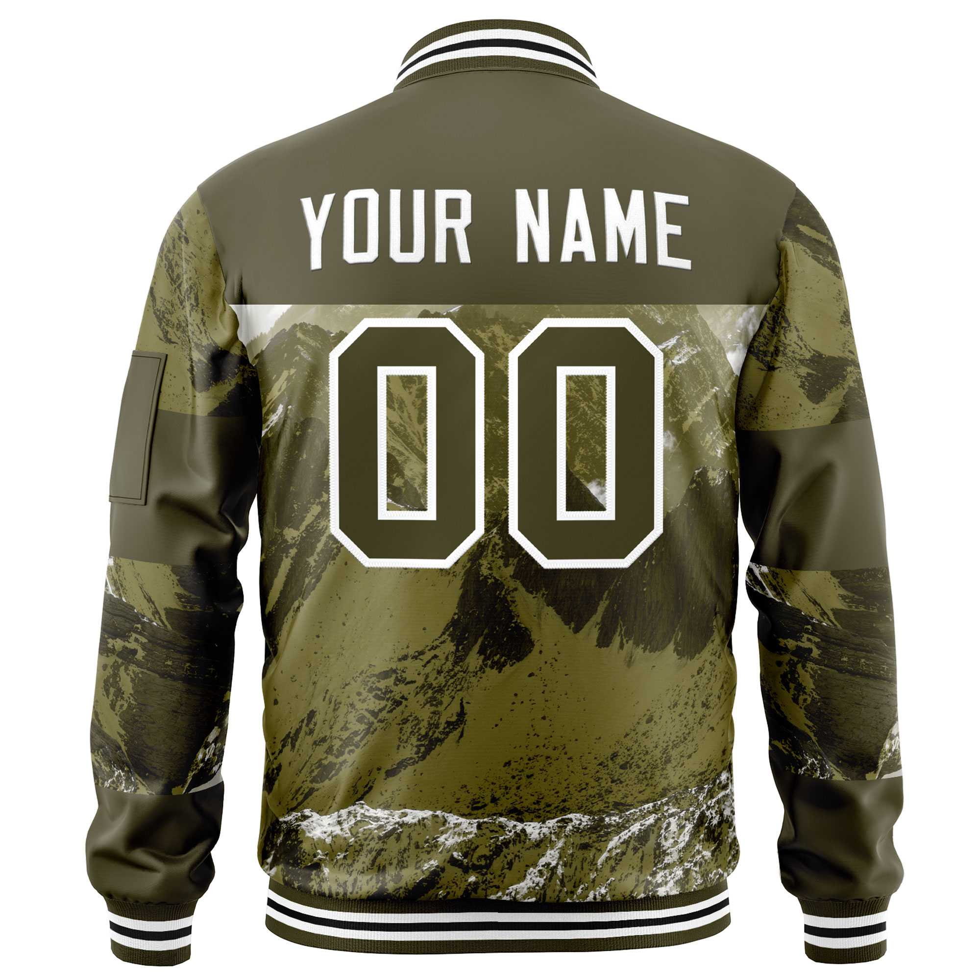 Custom Olive White Varsity Full-Zip Snow Mountain Letterman Bomber Jacket