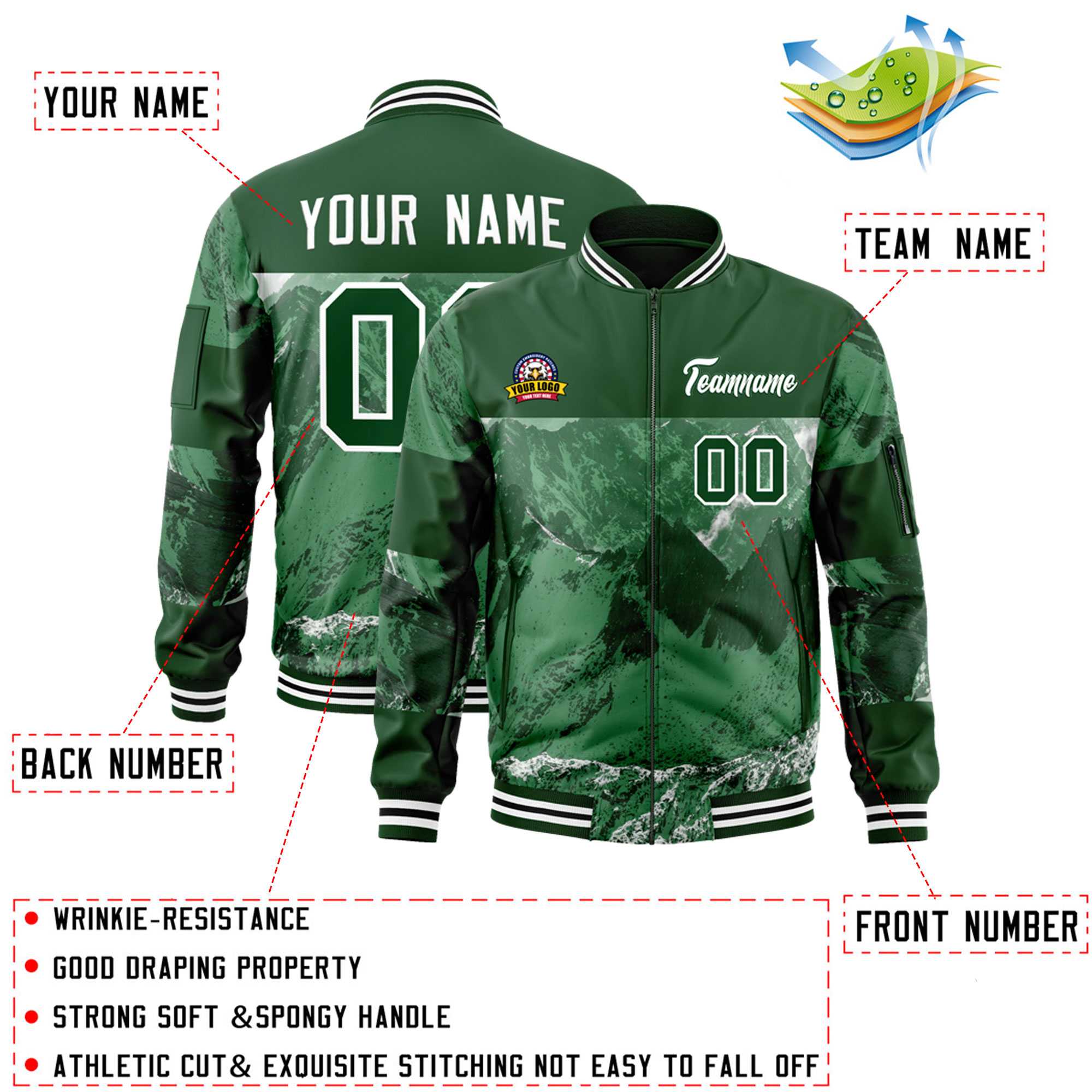 Custom Green White Varsity Full-Zip Snow Mountain Letterman Bomber Jacket