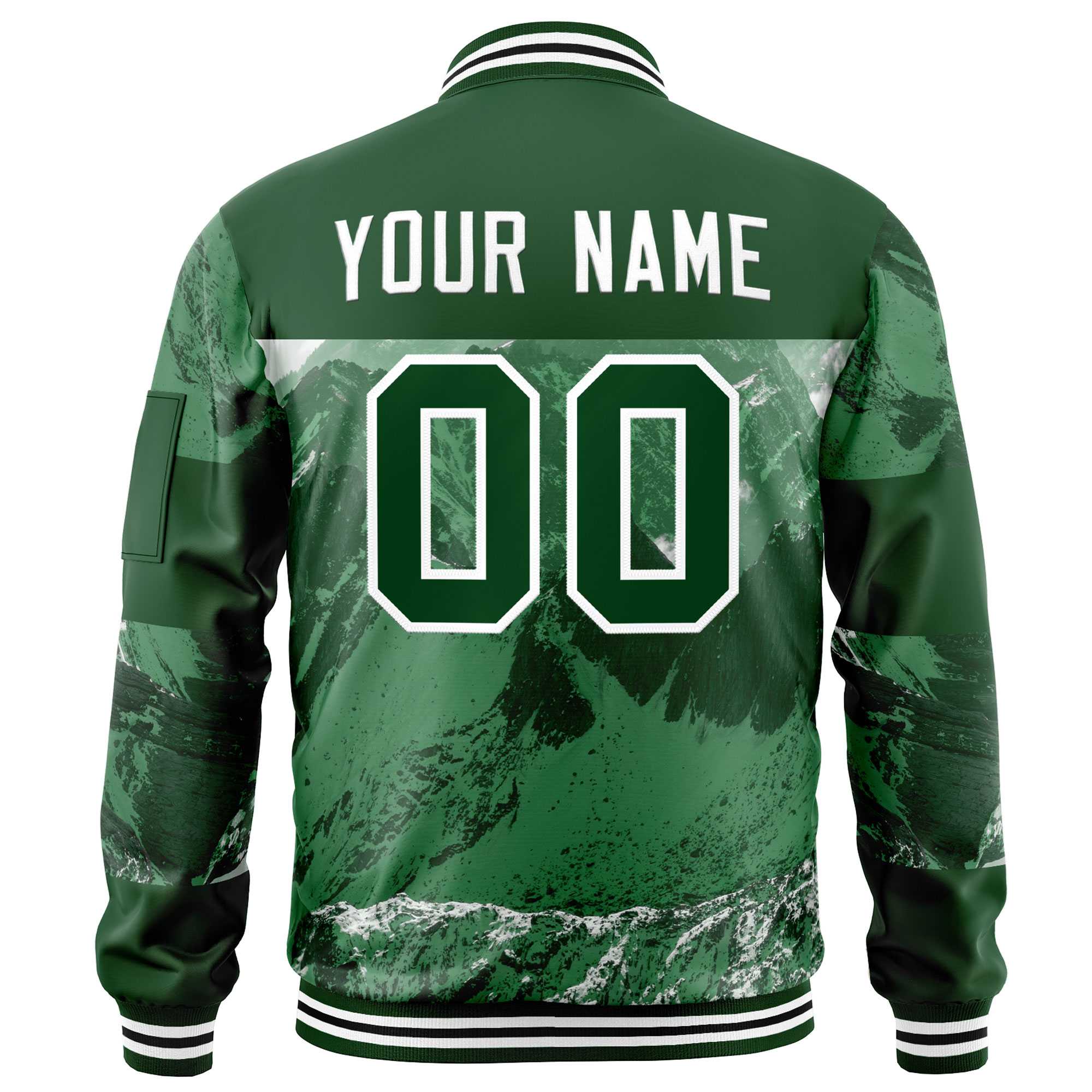 Custom Green White Varsity Full-Zip Snow Mountain Letterman Bomber Jacket