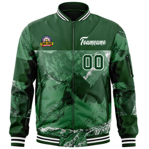 Custom Green White Varsity Full-Zip Snow Mountain Letterman Bomber Jacket