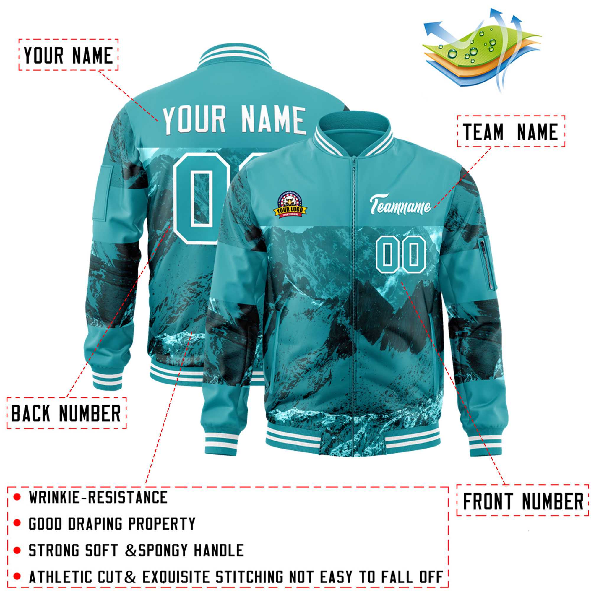 Custom Aqua White Varsity Full-Zip Snow Mountain Letterman Bomber Jacket